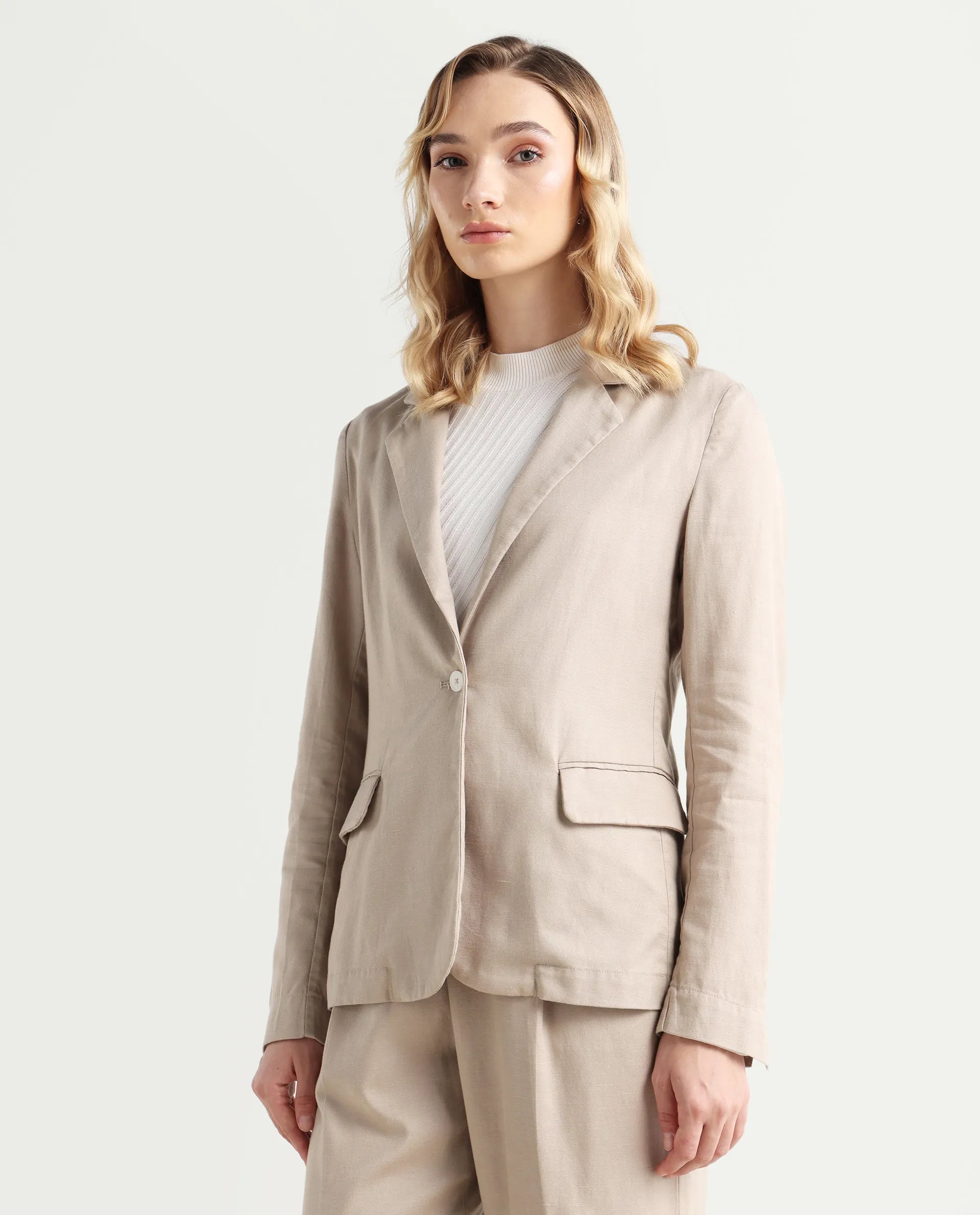 Rareism Women's Linzy-T Beige 100% Linen Full Sleeve Lapel Neck Regular Plain Blazer