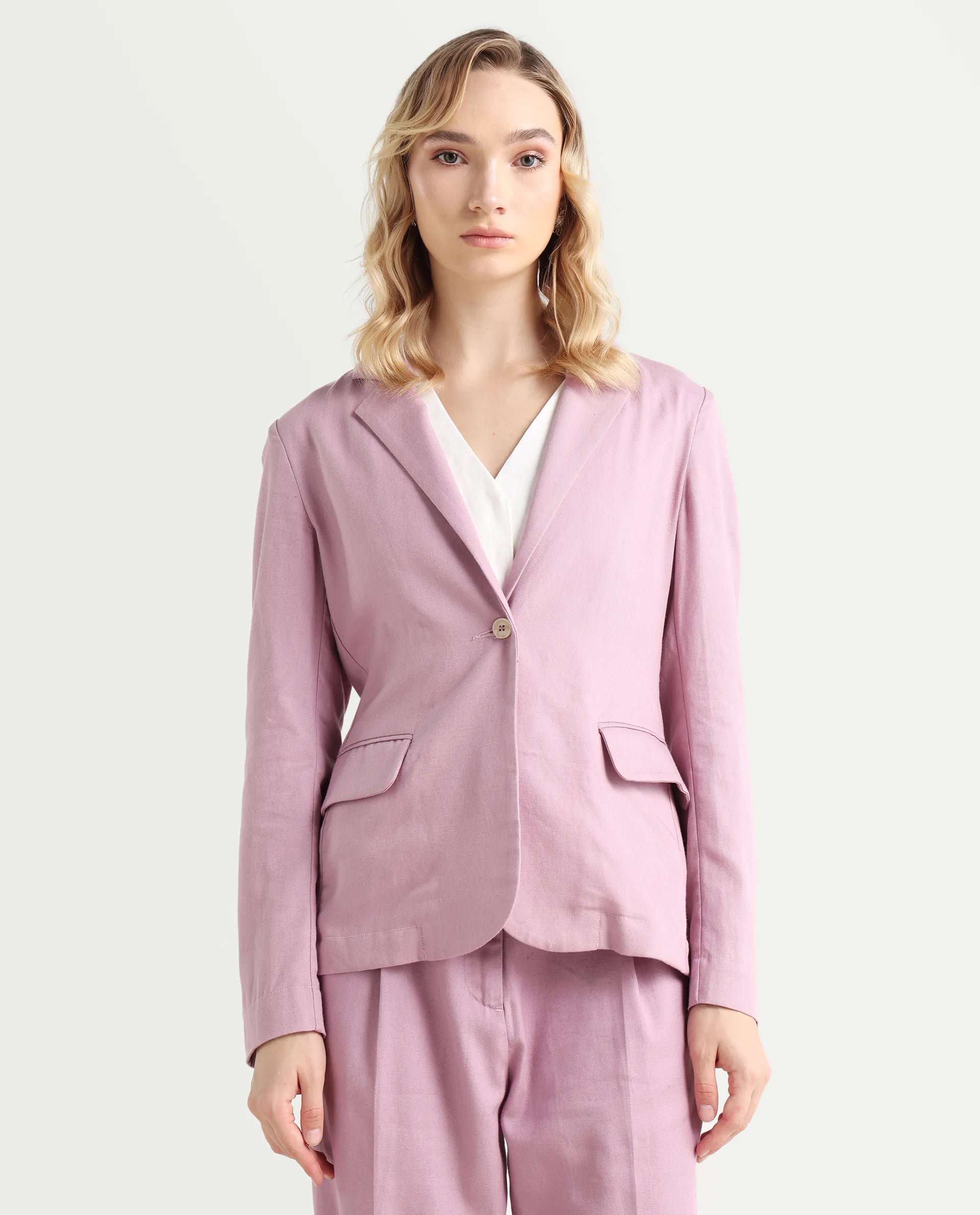 Rareism Women's Linzy-T Dusky Pink 100% Linen Full Sleeve Lapel Neck Regular Plain Blazer
