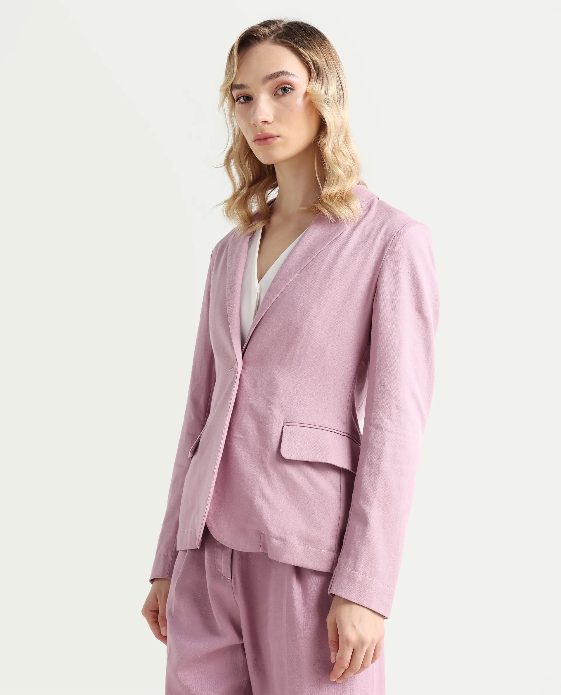 Rareism Women's Linzy-T Dusky Pink 100% Linen Full Sleeve Lapel Neck Regular Plain Blazer