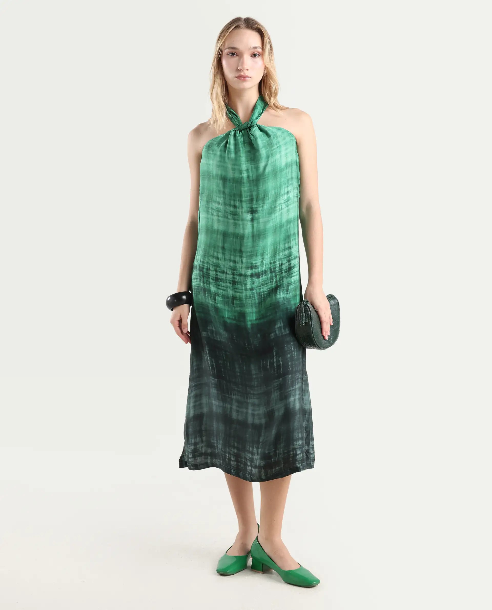 Rareism Women's Lipos Green Halter Neck Color Block Sleeveless Midi Regular Fit Dress