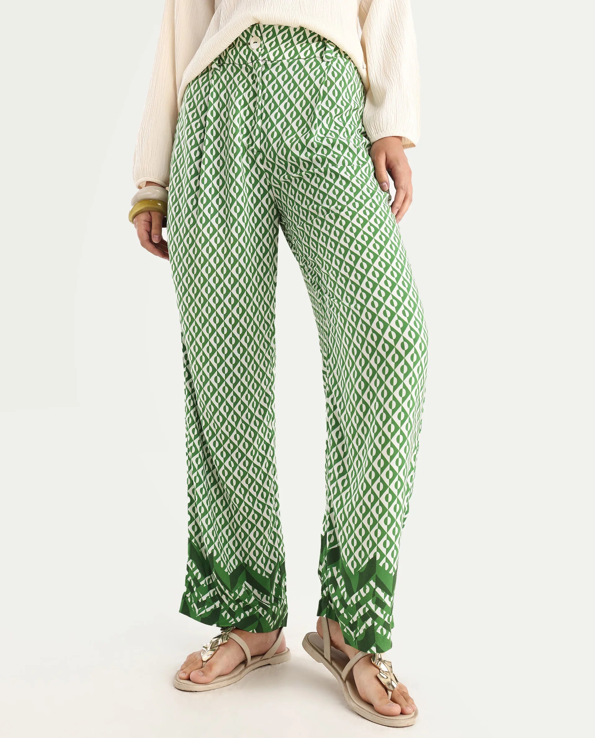 Rareism Women's Livornob Dark Green Viscose Blend Geometric Print Ankle Length Straight Fit Trouser