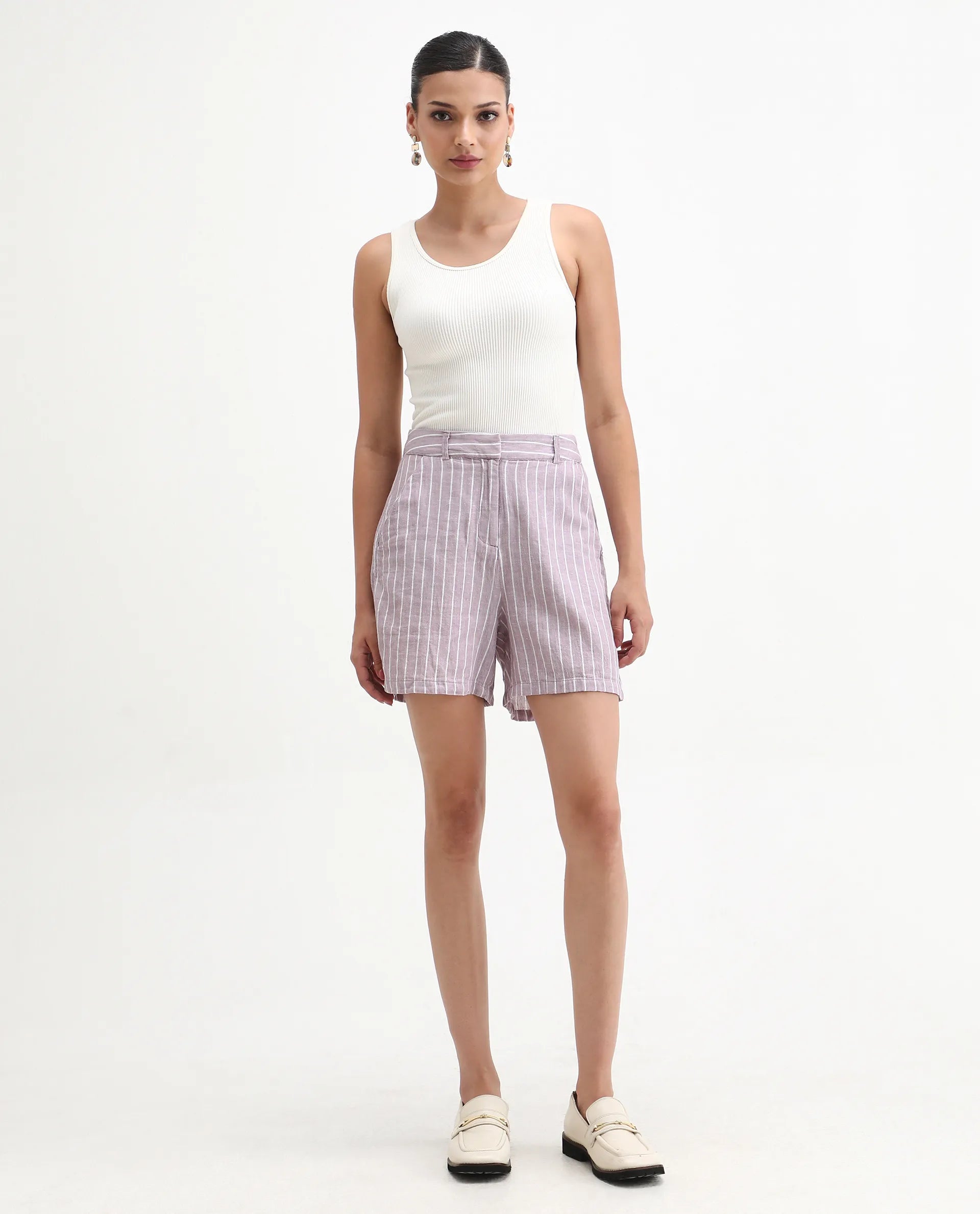 Rareism Women's Liya Purple Linen Striped Regular Fit Shorts