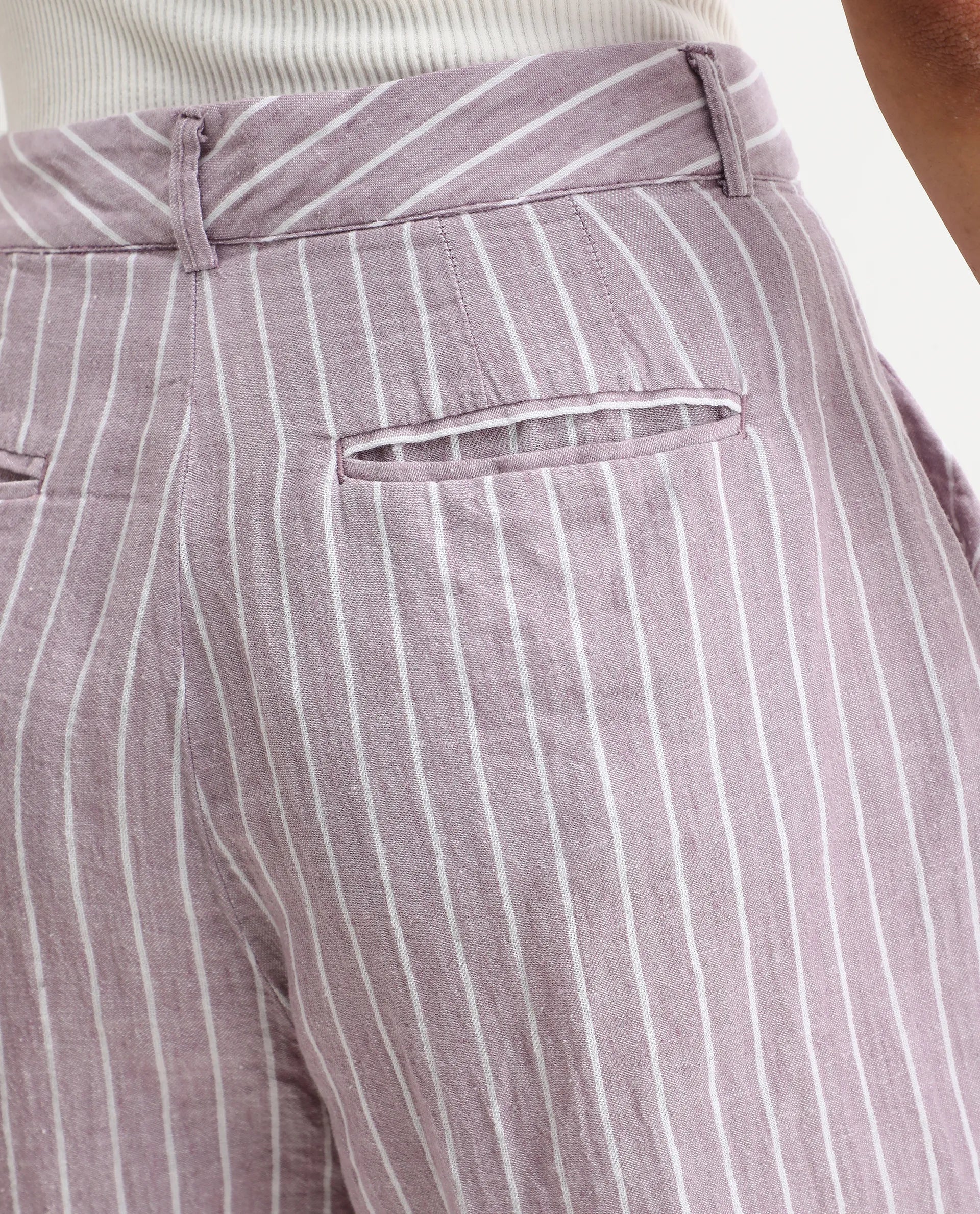 Rareism Women's Liya Purple Linen Striped Regular Fit Shorts