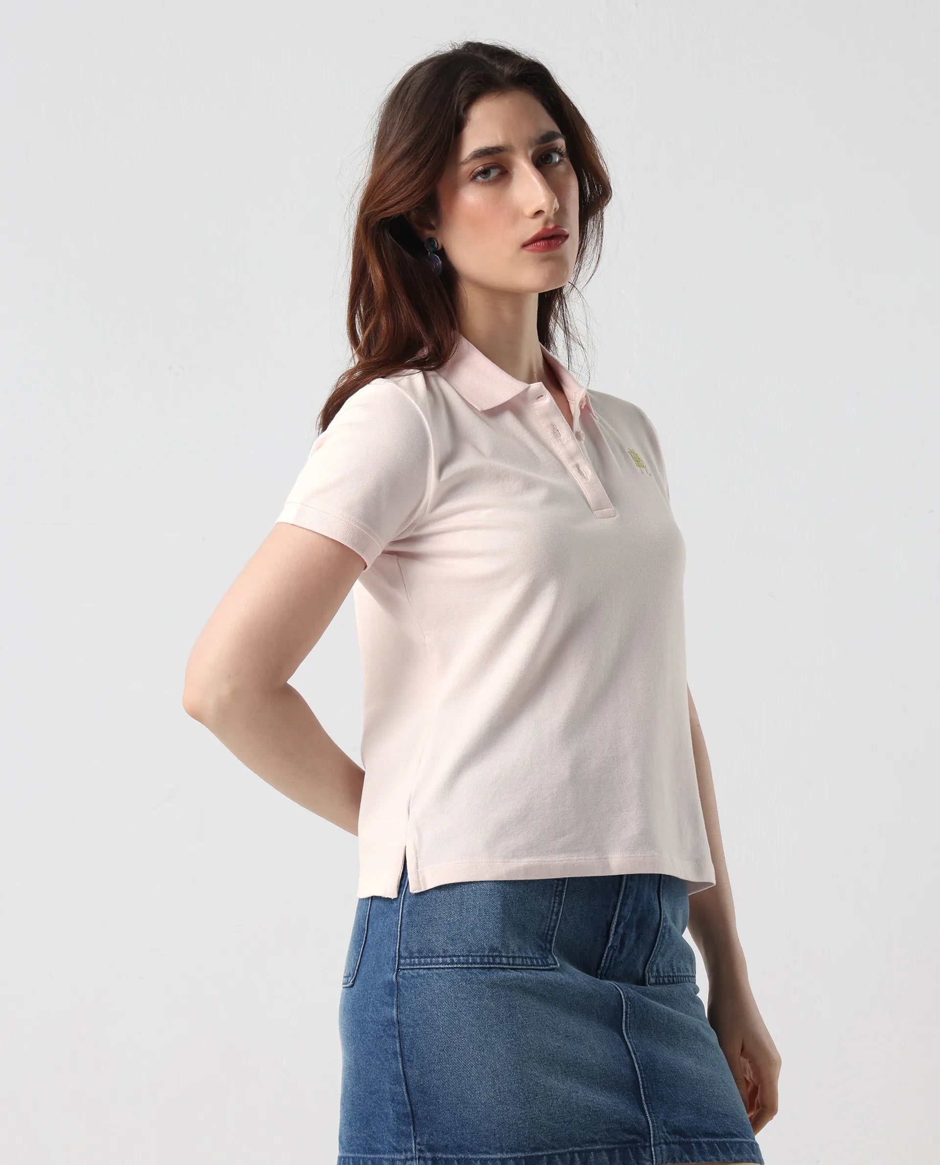 Rareism Women's Logan Light Pink Cotton Blend Polo Neck Plain Regular Fit Polo