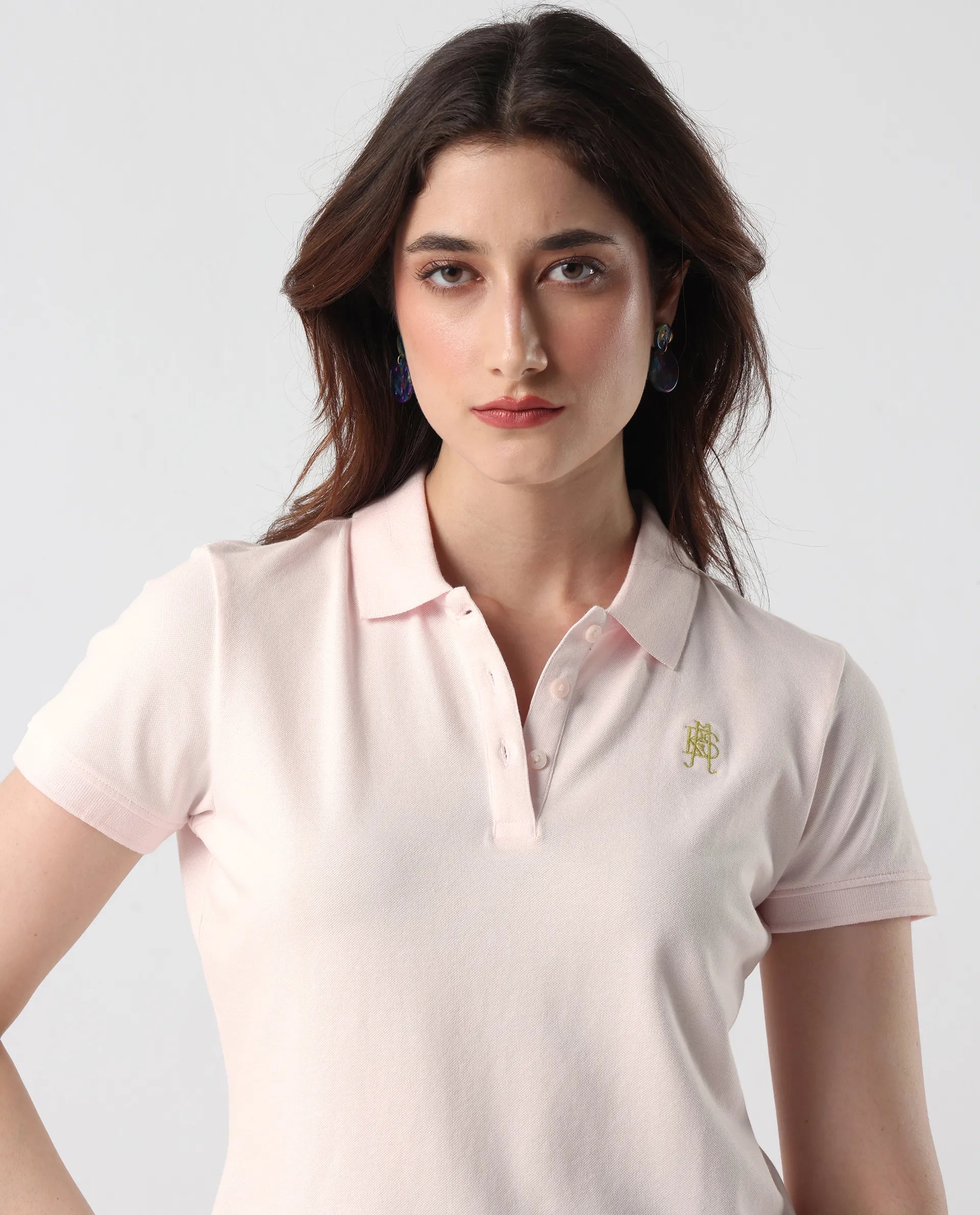 Rareism Women's Logan Light Pink Cotton Blend Polo Neck Plain Regular Fit Polo