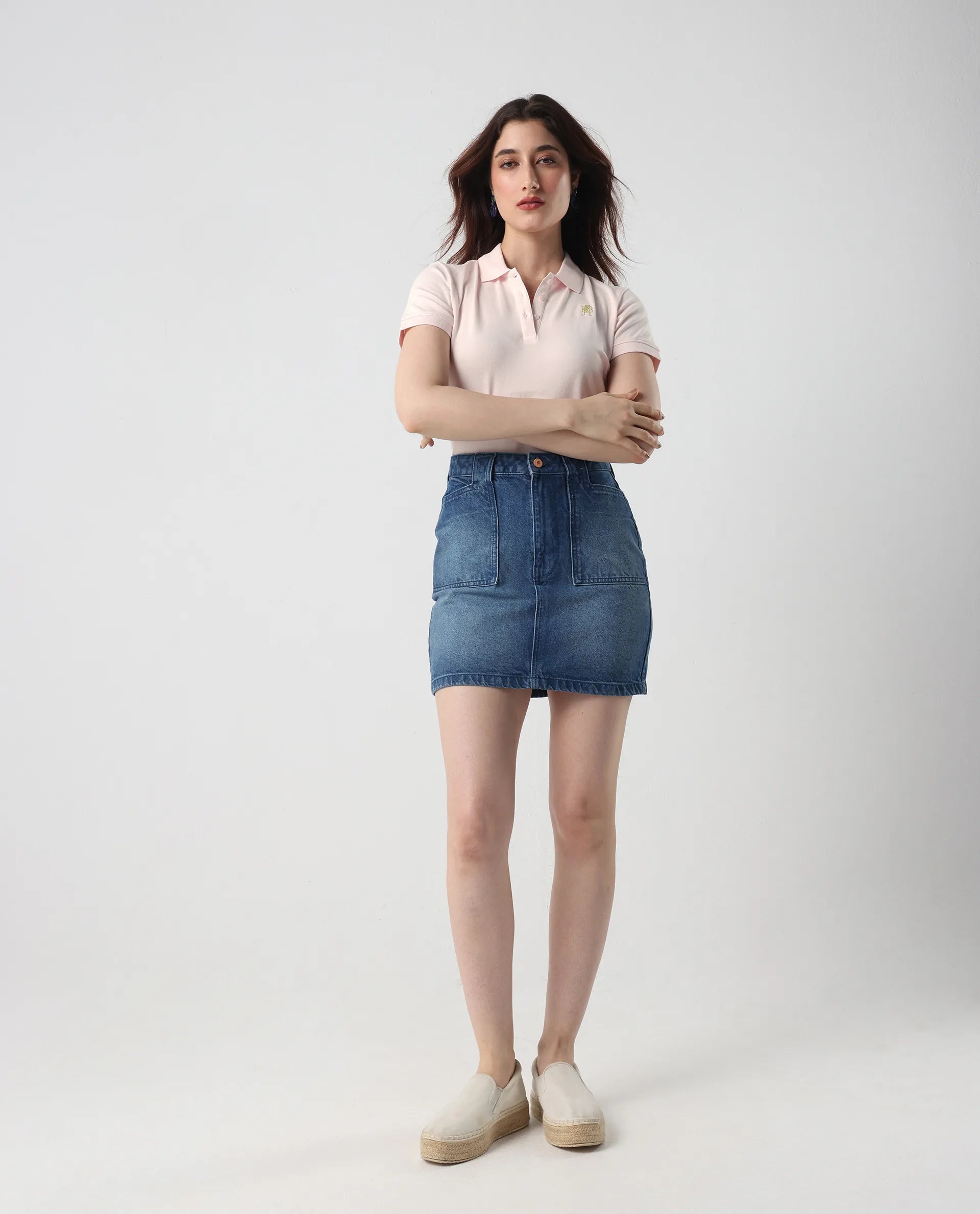 Rareism Women's Logan Light Pink Cotton Blend Polo Neck Plain Regular Fit Polo