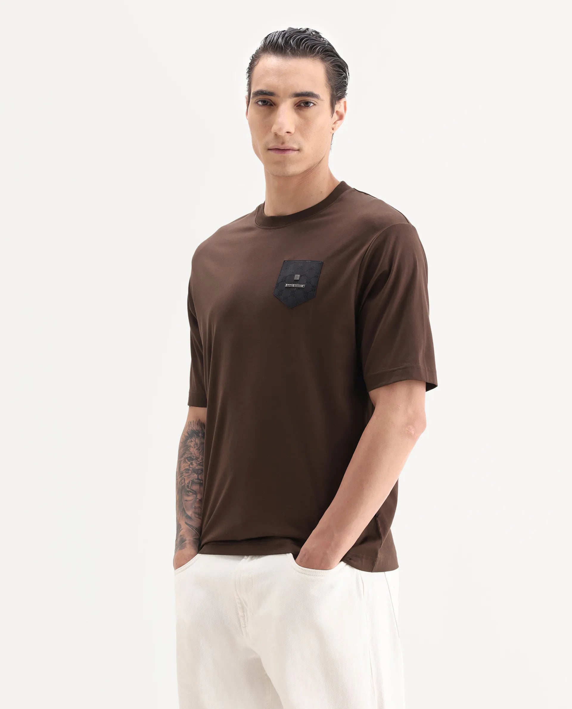 Rare Rabbit Men's Loi Dark Brown Cotton Fabric Hlaf Sleeve Crew Neck Label Print T-Shirt