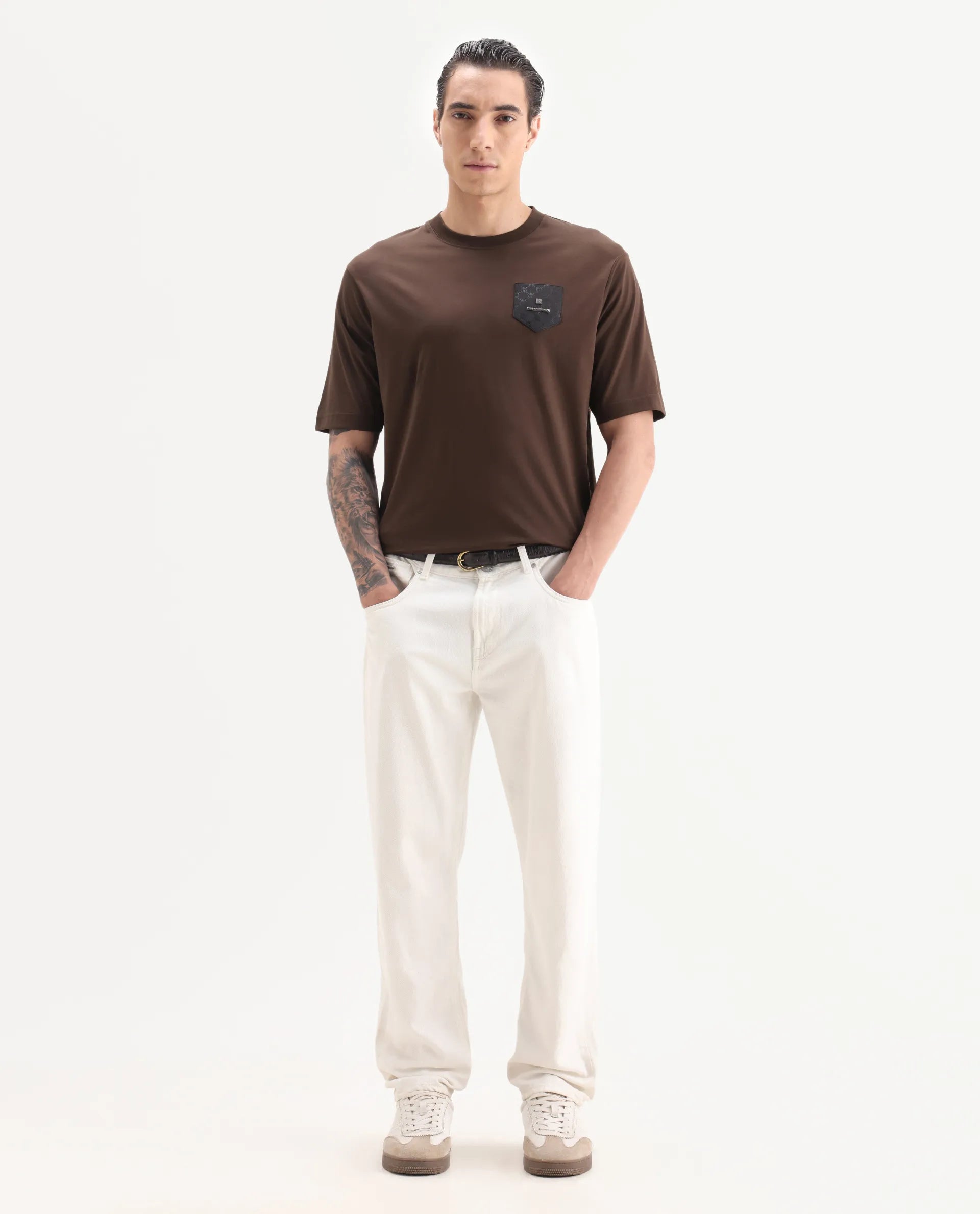 Rare Rabbit Men's Loi Dark Brown Cotton Fabric Hlaf Sleeve Crew Neck Label Print T-Shirt