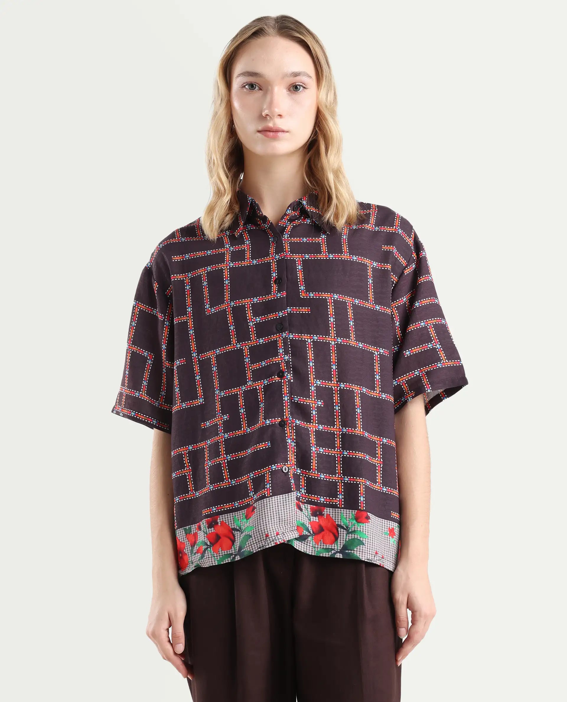 Rareism Women's Lombard Brown Viscose Blend Spread Collar Geometric Print Boxy Fit Shirt