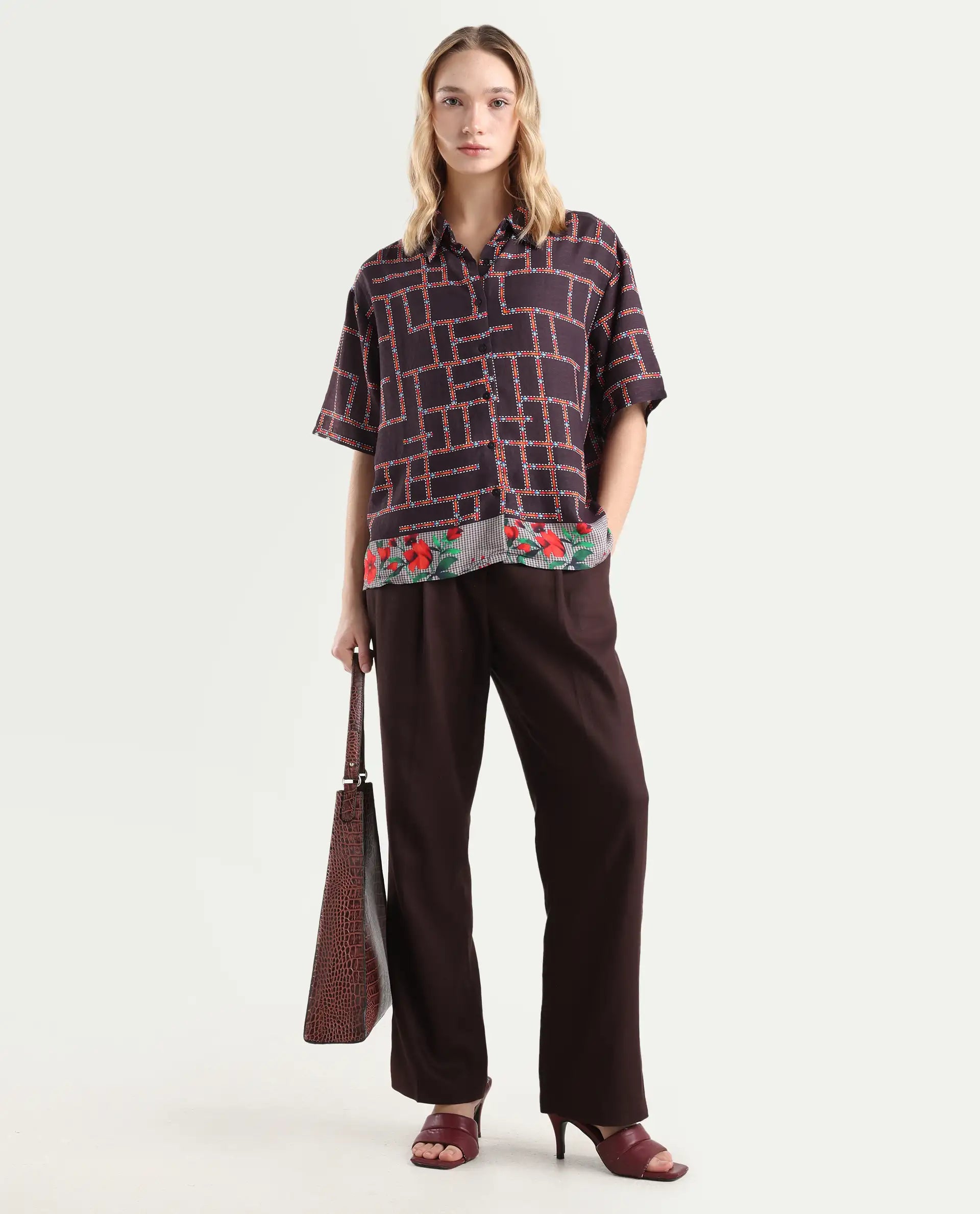 Rareism Women's Lombard Brown Viscose Blend Spread Collar Geometric Print Boxy Fit Shirt