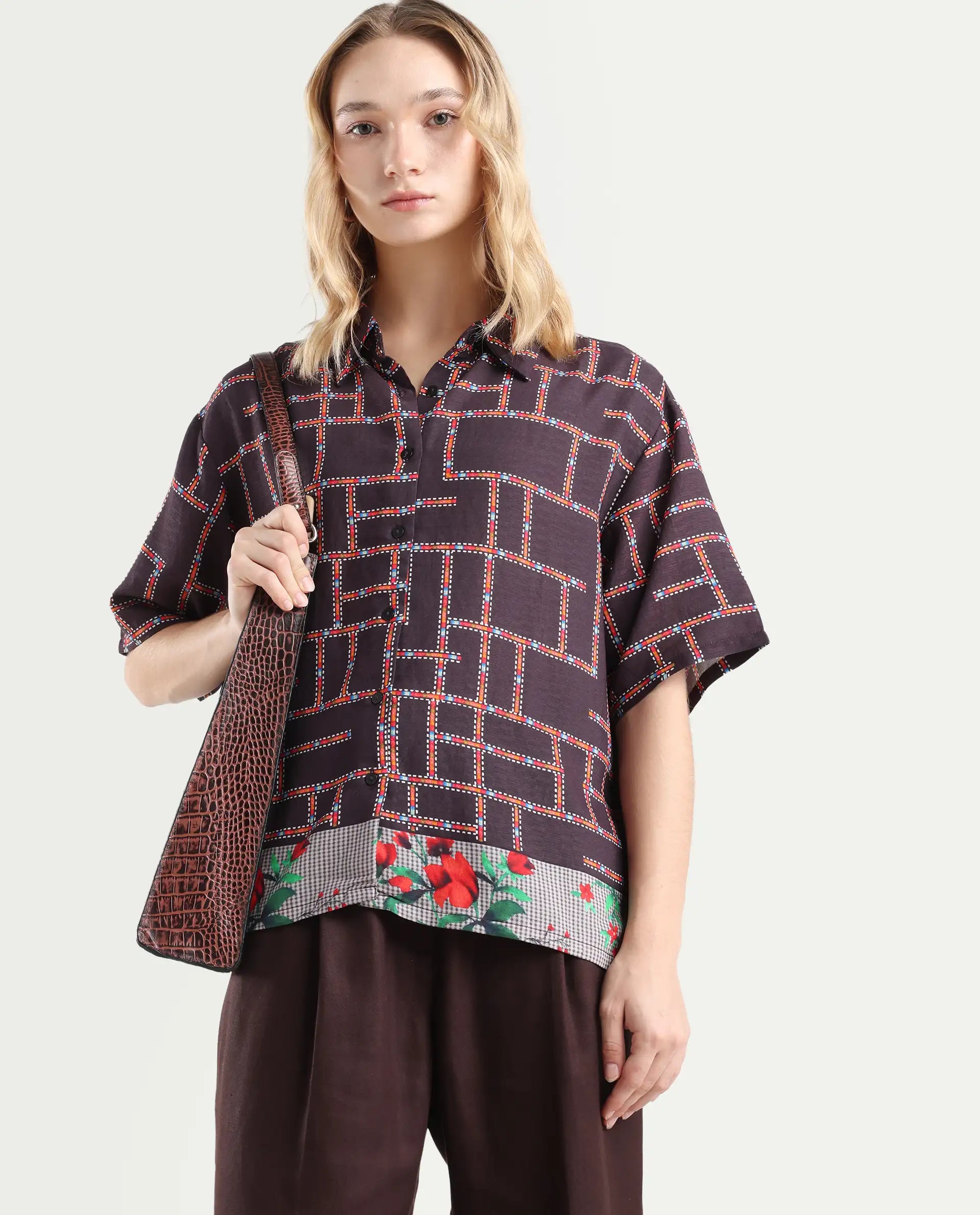 Rareism Women's Lombard Brown Viscose Blend Spread Collar Geometric Print Boxy Fit Shirt