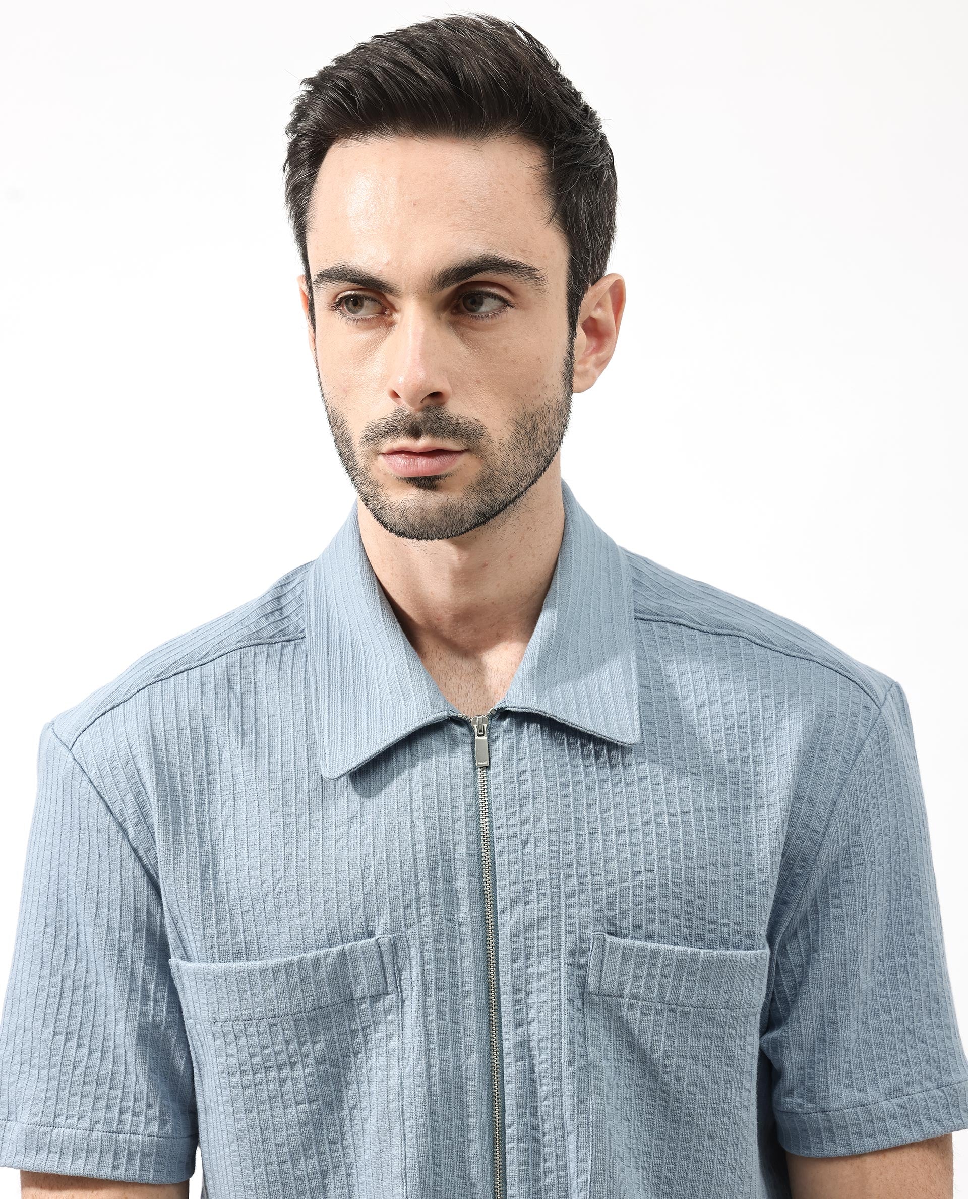 Rare Rabbit Mens Loomz Dusky Blue Half Sleeve Solid Broad Collar Zipper Closure Self Stripe Shirt