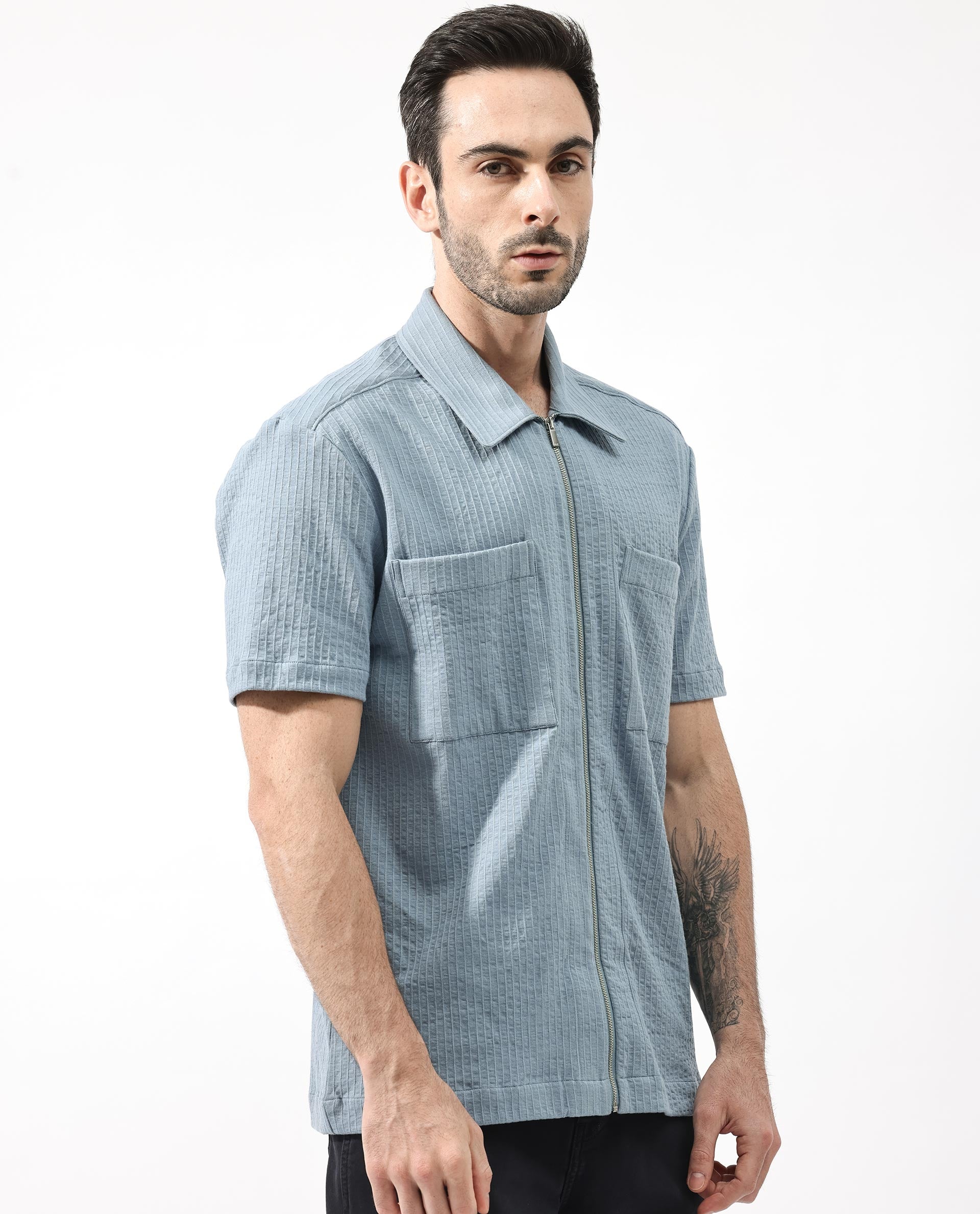 Rare Rabbit Mens Loomz Dusky Blue Half Sleeve Solid Broad Collar Zipper Closure Self Stripe Shirt