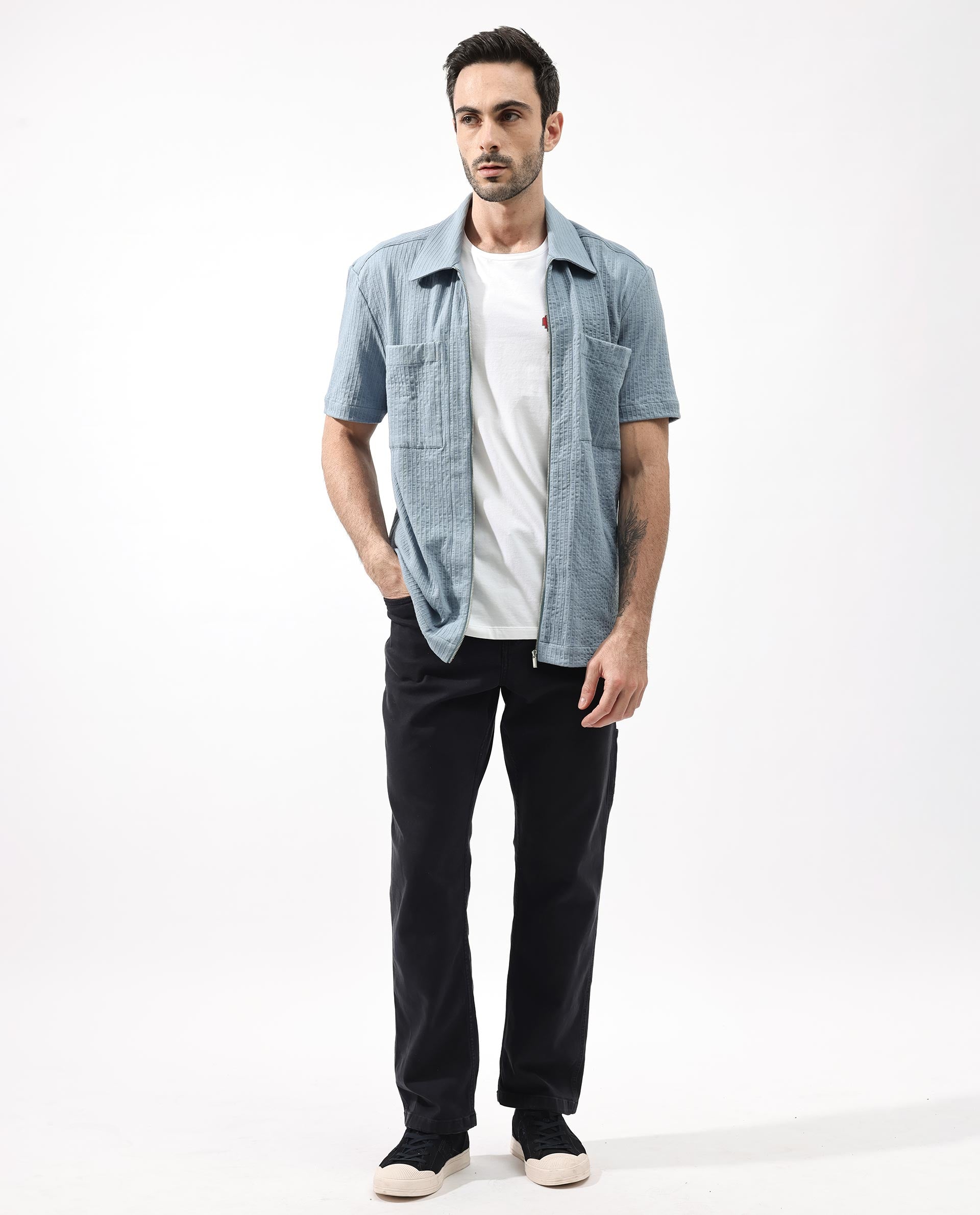 Rare Rabbit Mens Loomz Dusky Blue Half Sleeve Solid Broad Collar Zipper Closure Self Stripe Shirt