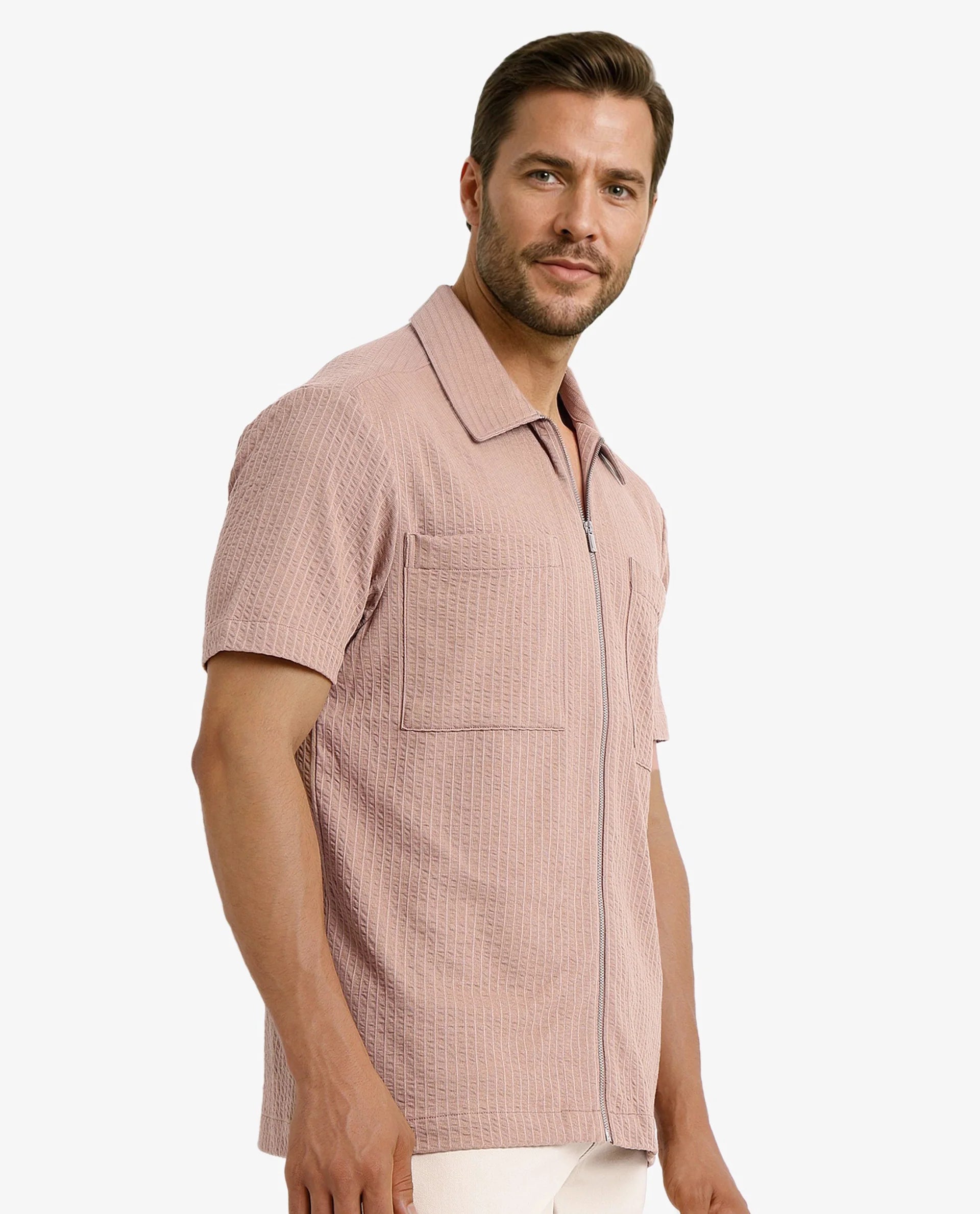 Rare Rabbit Mens Loomz Light Brown Half Sleeve Solid Broad Collar Zipper Closure Self Stripe Shirt