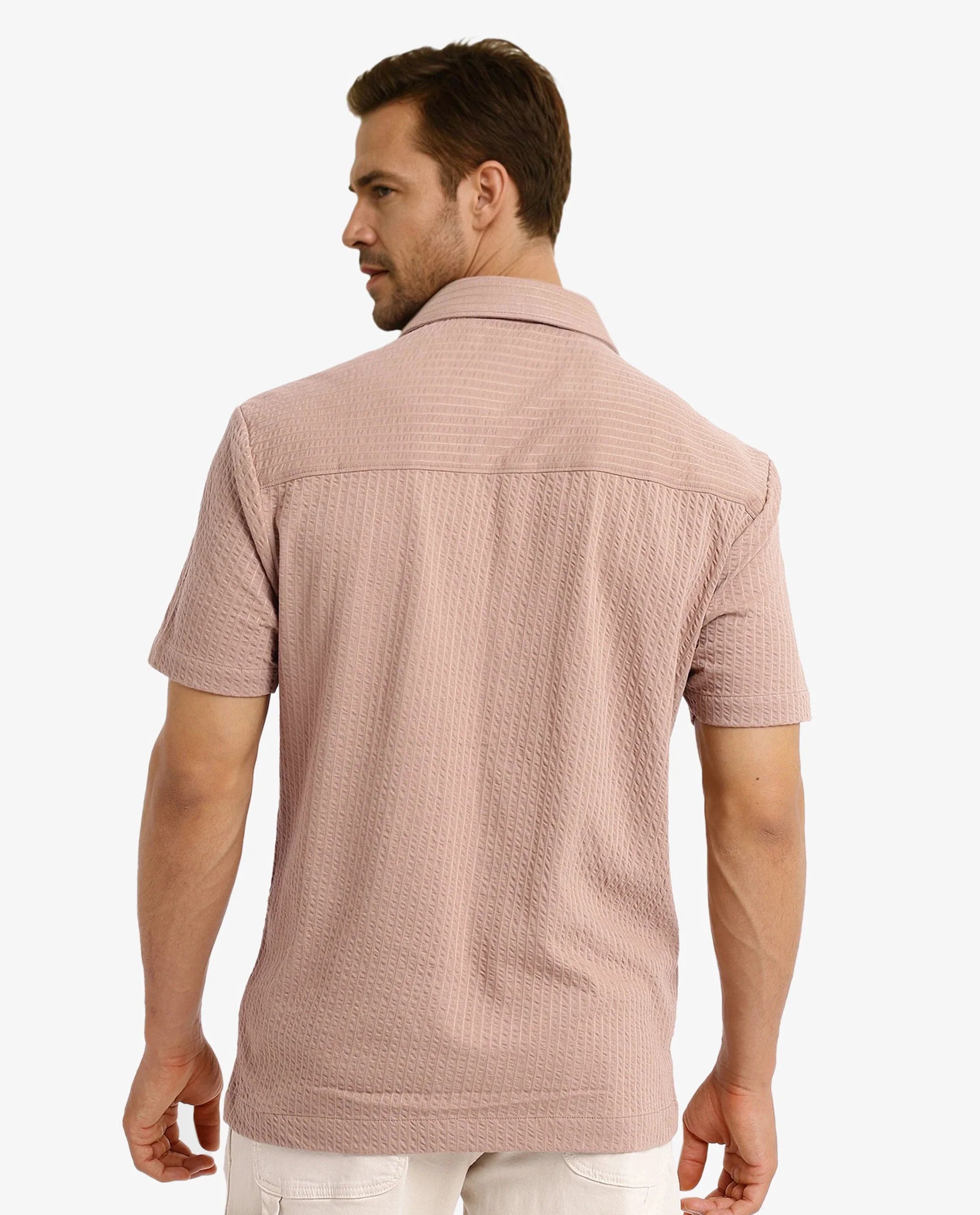 Rare Rabbit Mens Loomz Light Brown Half Sleeve Solid Broad Collar Zipper Closure Self Stripe Shirt