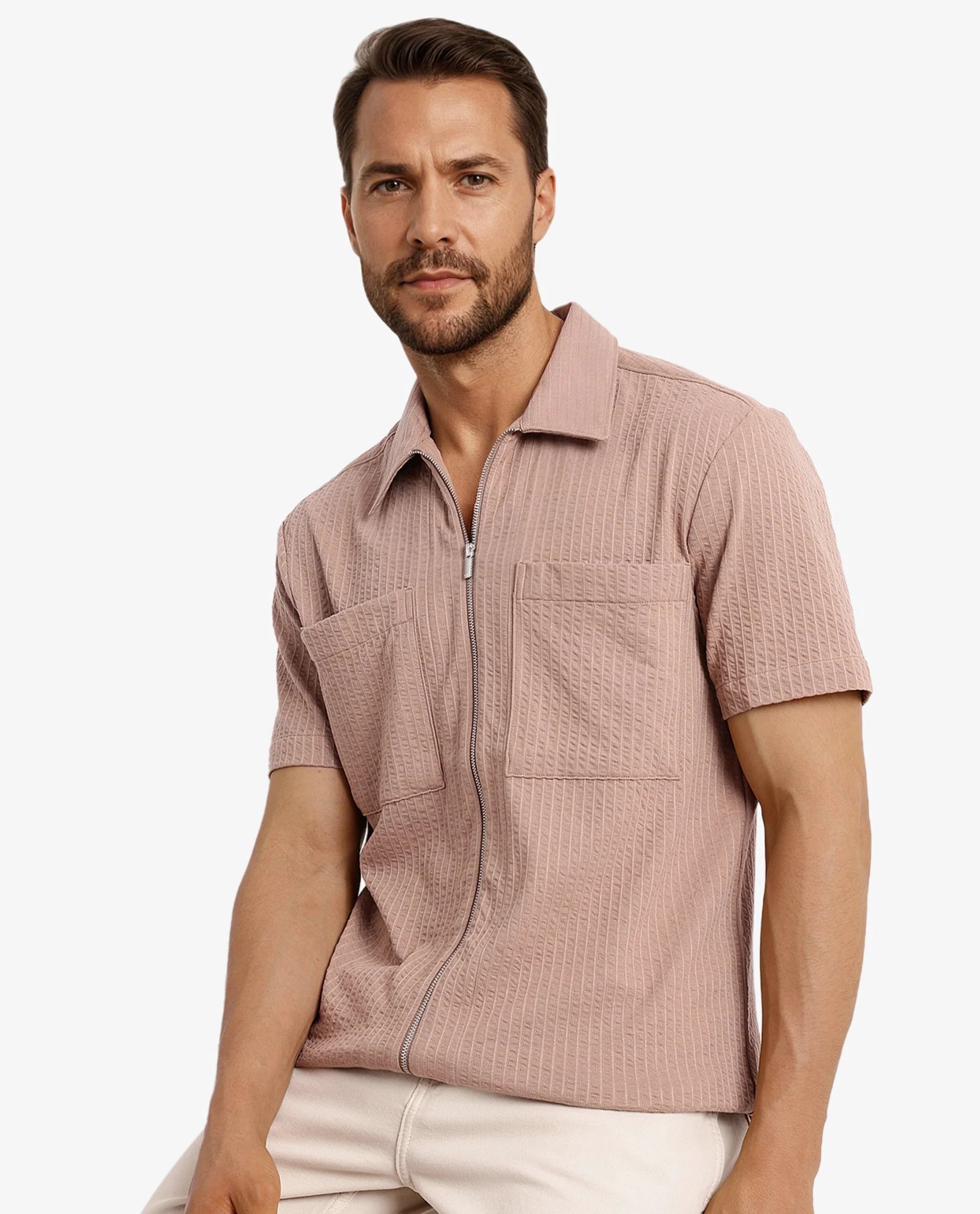 Rare Rabbit Mens Loomz Light Brown Half Sleeve Solid Broad Collar Zipper Closure Self Stripe Shirt