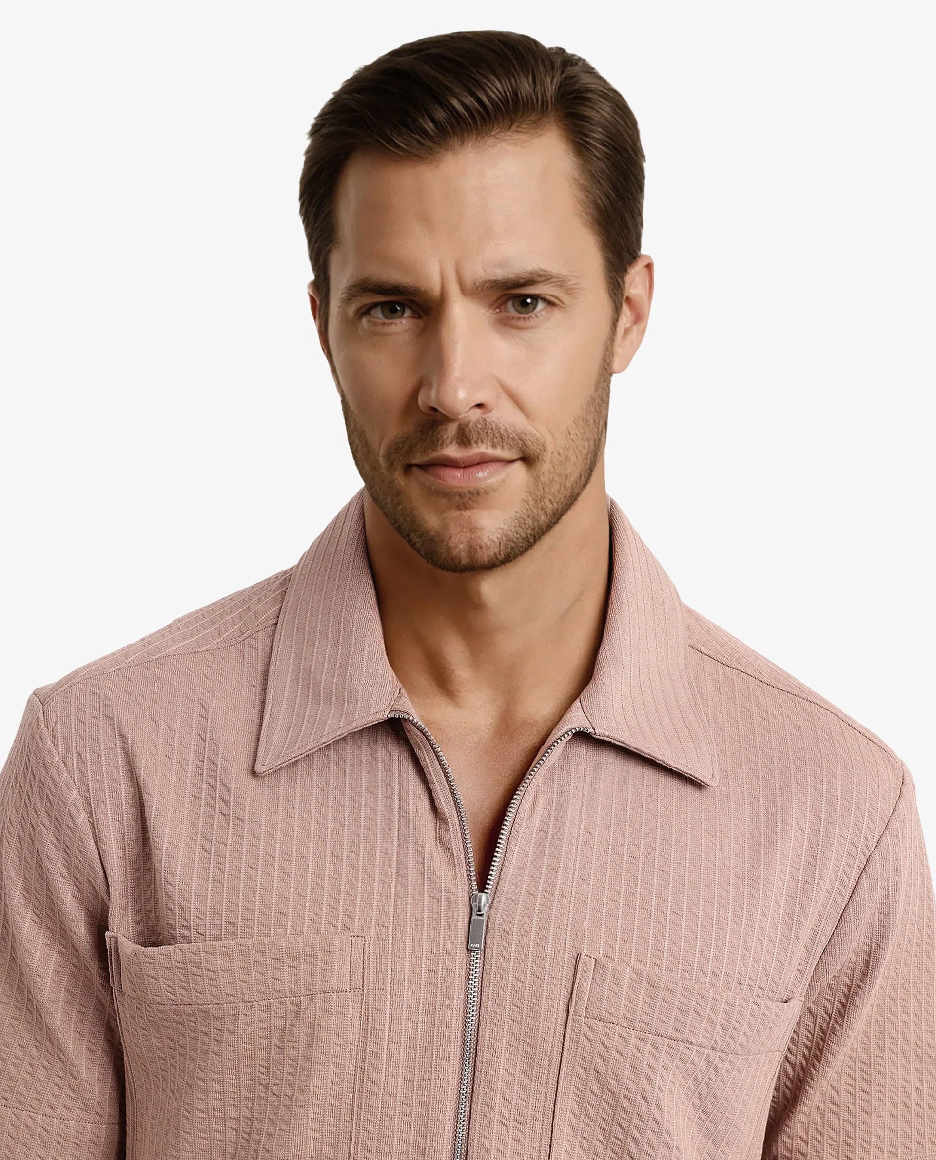 Rare Rabbit Mens Loomz Light Brown Half Sleeve Solid Broad Collar Zipper Closure Self Stripe Shirt