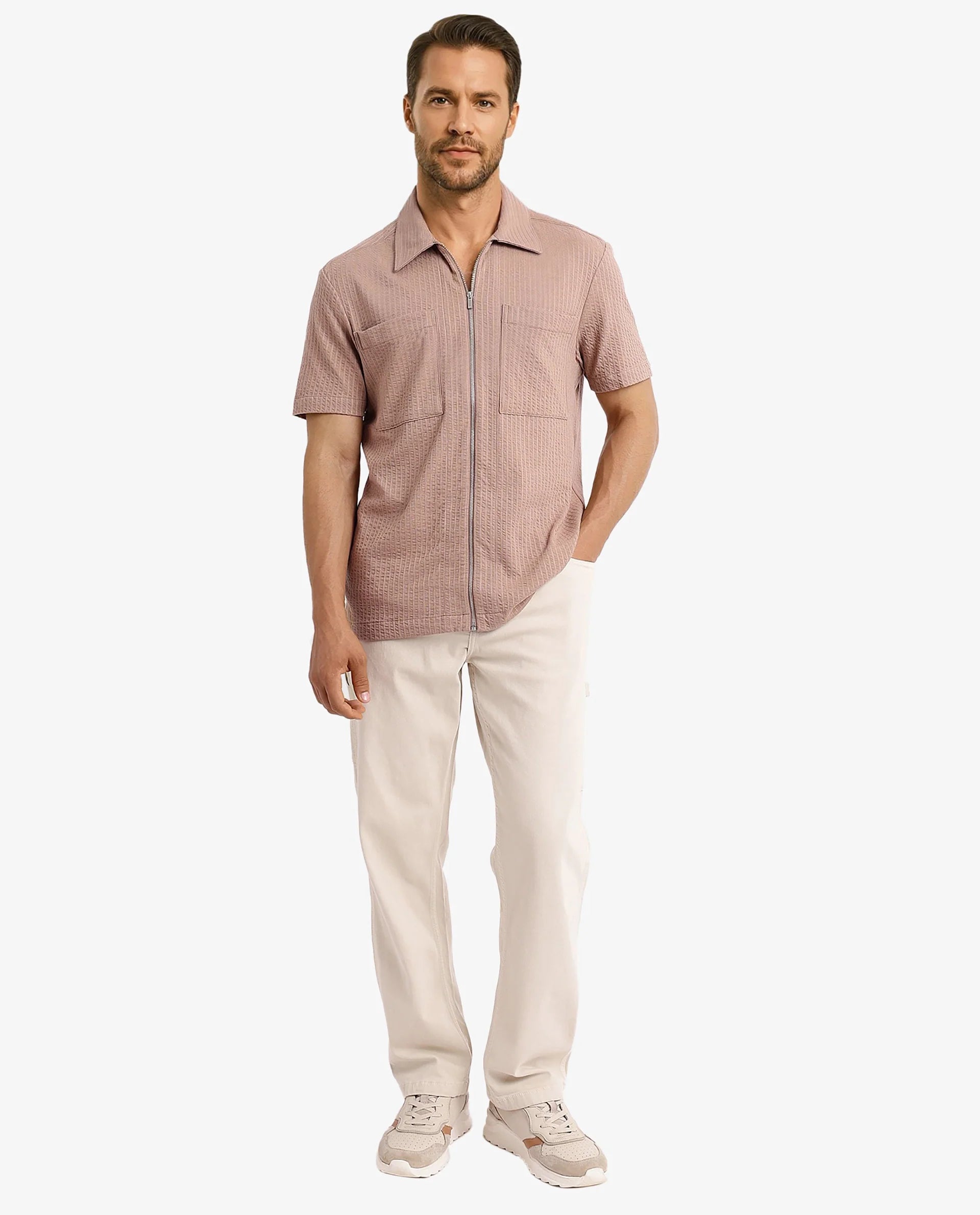 Rare Rabbit Mens Loomz Light Brown Half Sleeve Solid Broad Collar Zipper Closure Self Stripe Shirt