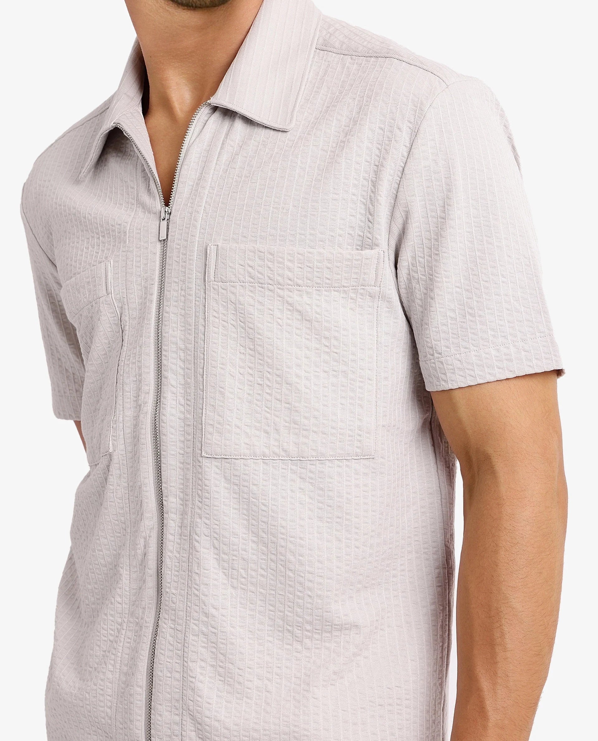 Rare Rabbit Mens Loomz Light Grey Half Sleeve Solid Broad Collar Zipper Closure Self Stripe Shirt