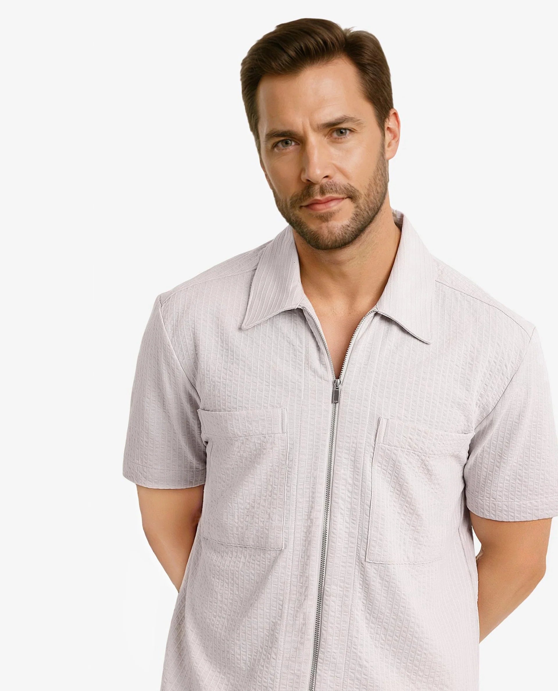 Rare Rabbit Mens Loomz Light Grey Half Sleeve Solid Broad Collar Zipper Closure Self Stripe Shirt