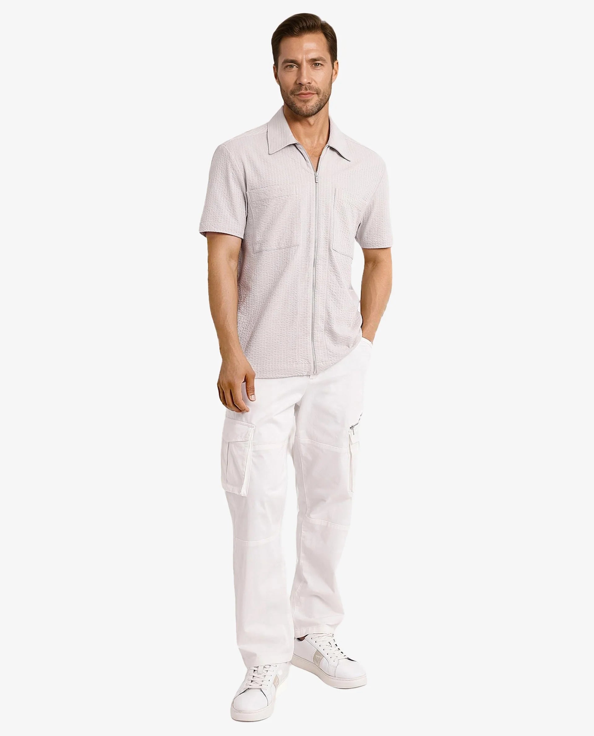 Rare Rabbit Mens Loomz Light Grey Half Sleeve Solid Broad Collar Zipper Closure Self Stripe Shirt