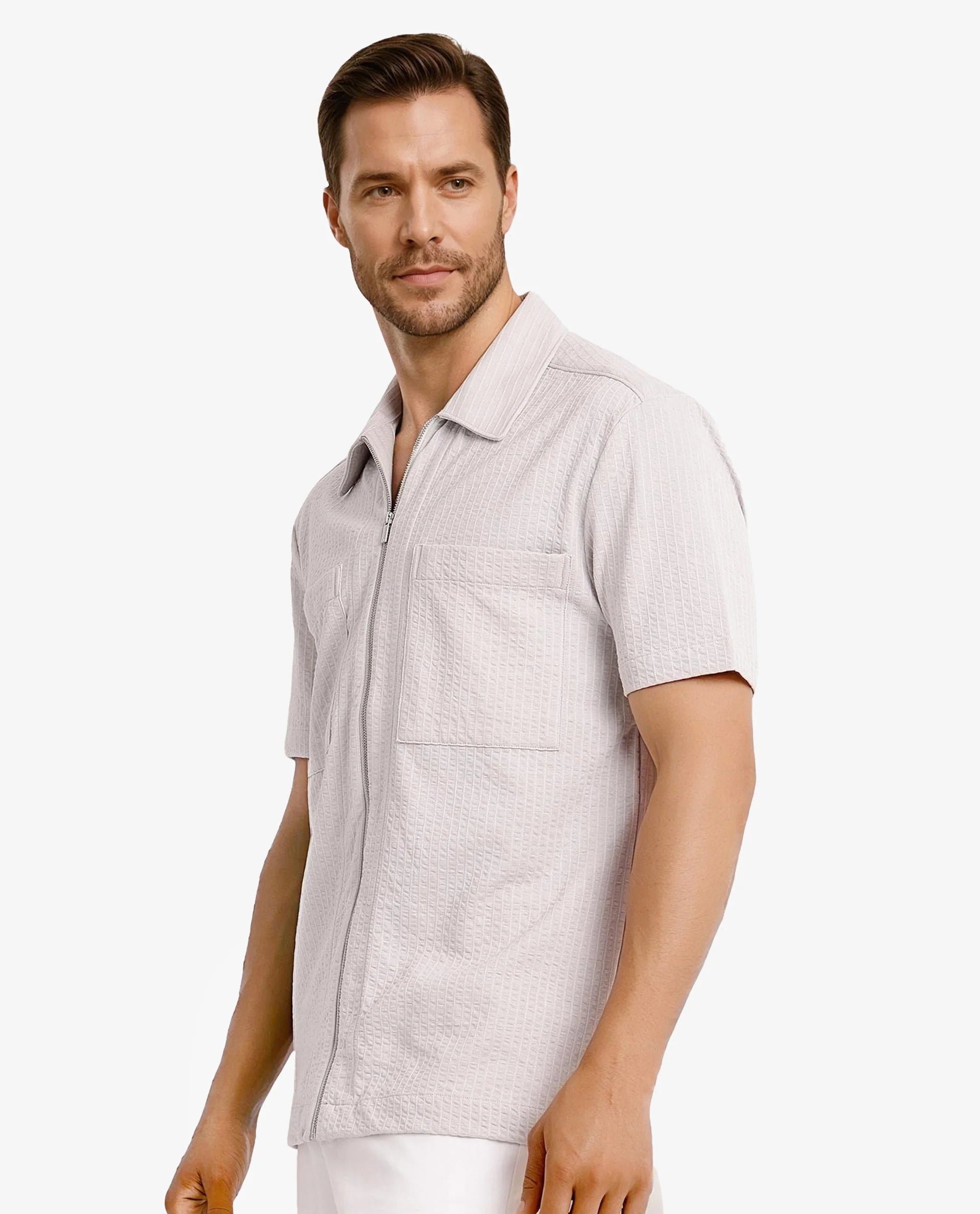 Rare Rabbit Mens Loomz Light Grey Half Sleeve Solid Broad Collar Zipper Closure Self Stripe Shirt