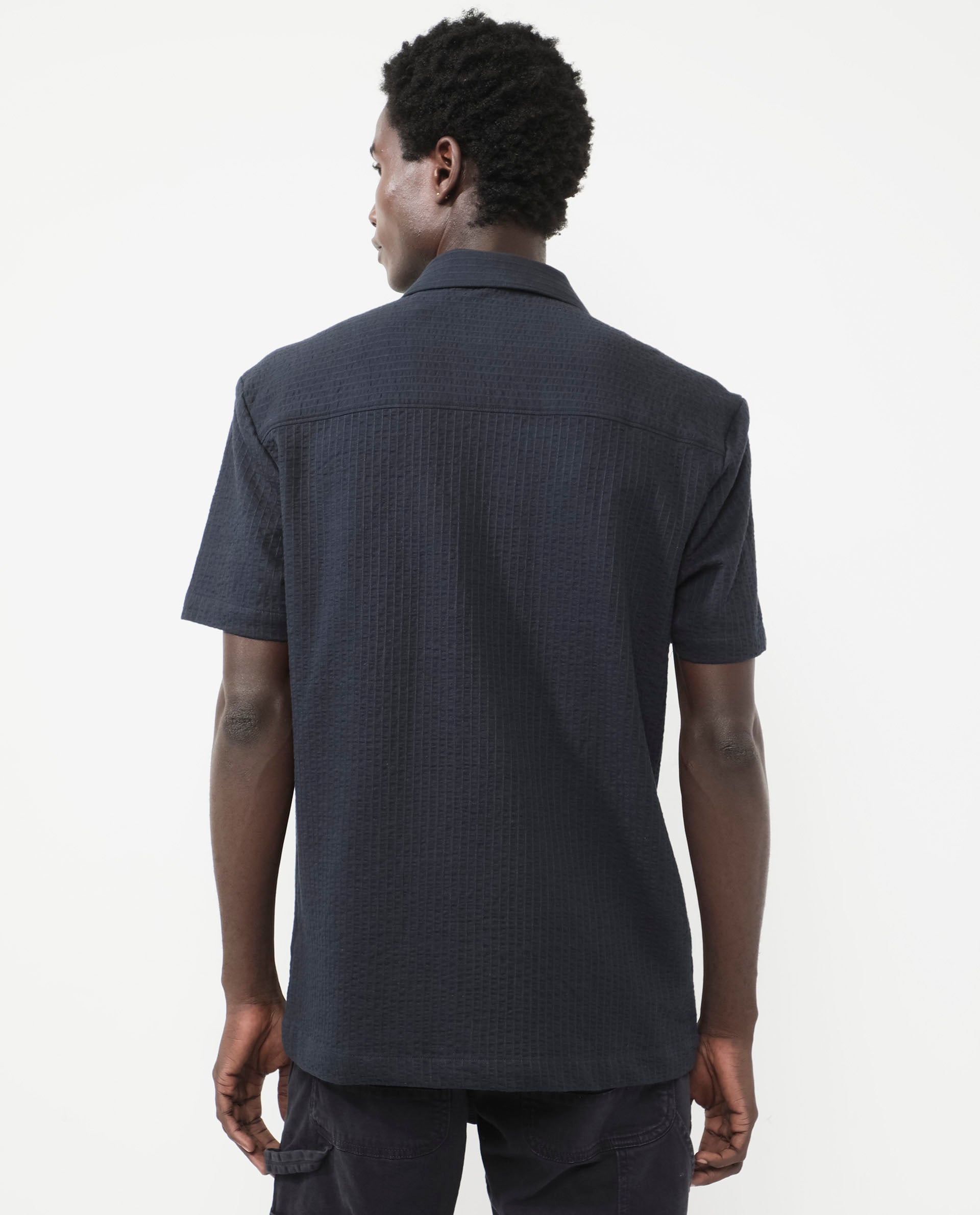 Rare Rabbit Mens Loomz Navy Half Sleeve Solid Broad Collar Zipper Closure Self Stripe Shirt