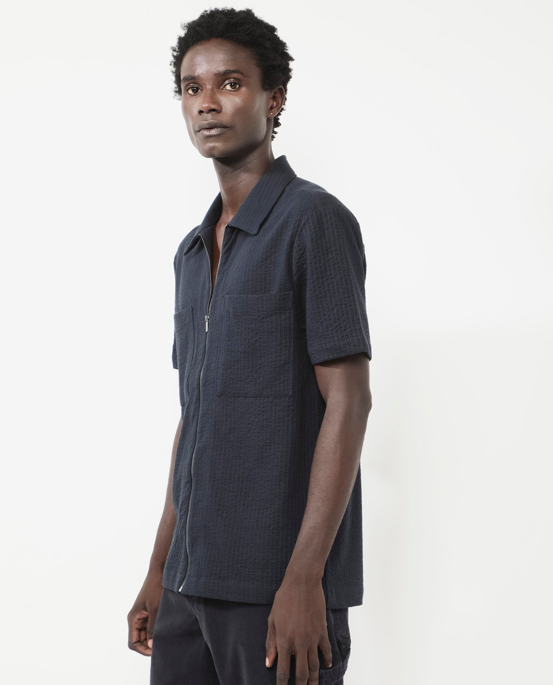 Rare Rabbit Mens Loomz Navy Half Sleeve Solid Broad Collar Zipper Closure Self Stripe Shirt