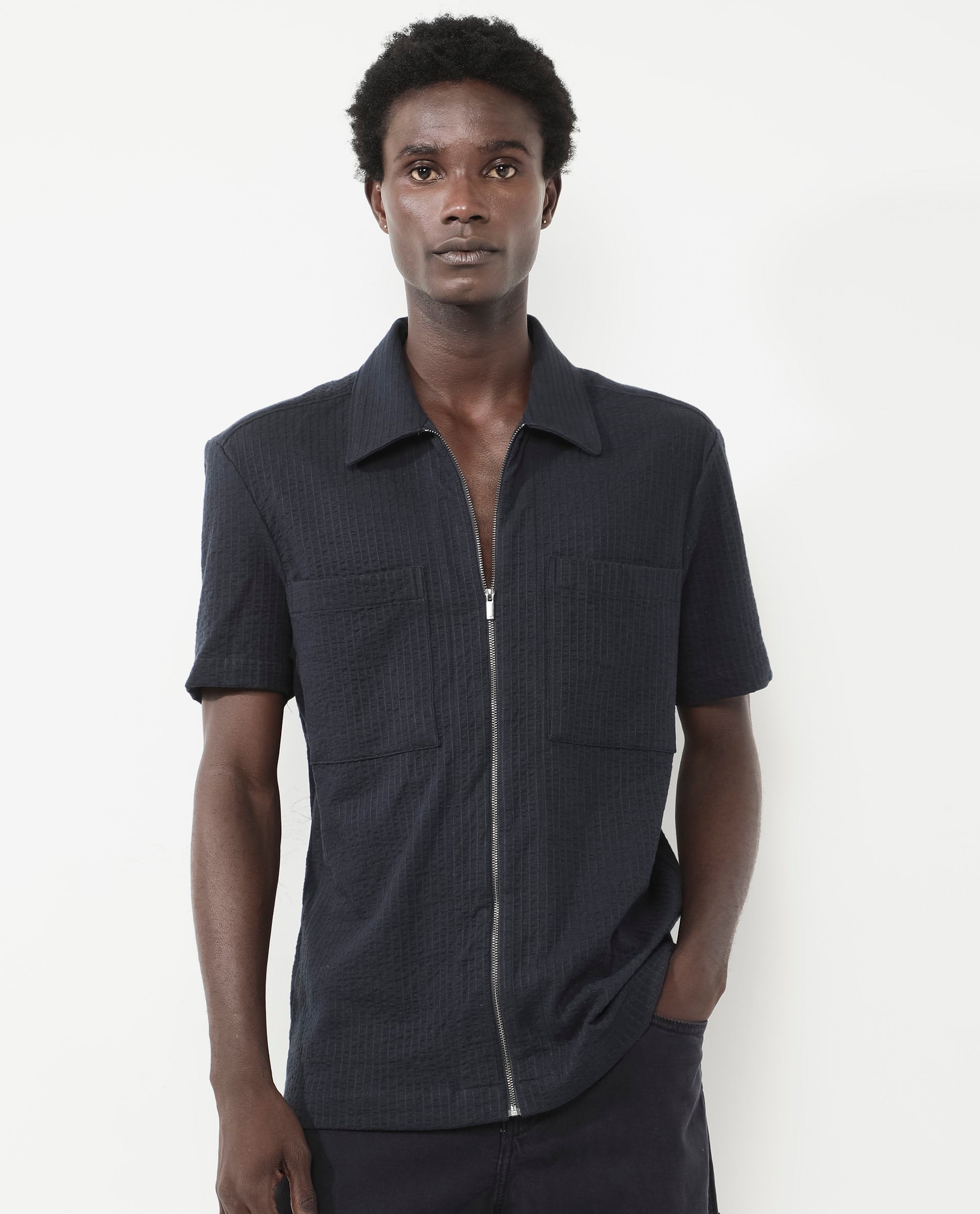 Rare Rabbit Mens Loomz Navy Half Sleeve Solid Broad Collar Zipper Closure Self Stripe Shirt