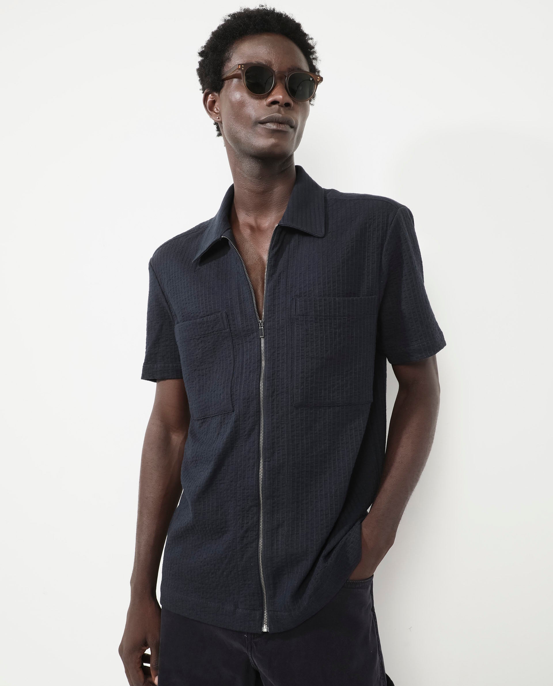 Rare Rabbit Mens Loomz Navy Half Sleeve Solid Broad Collar Zipper Closure Self Stripe Shirt