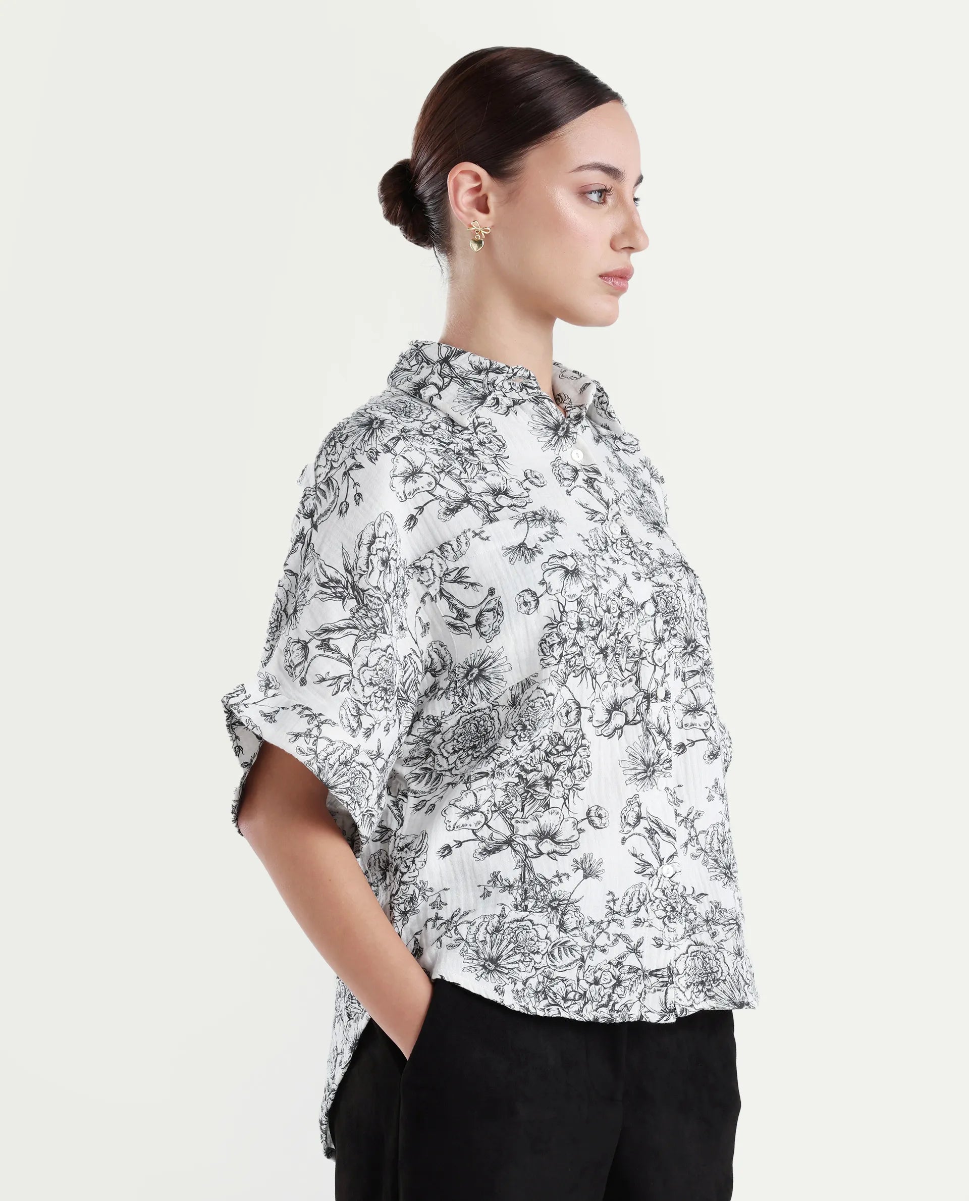 Rareism Women's Loraine Off White Cotton Drop Collar Floral Print Extended Sleeves Regular Fit Top