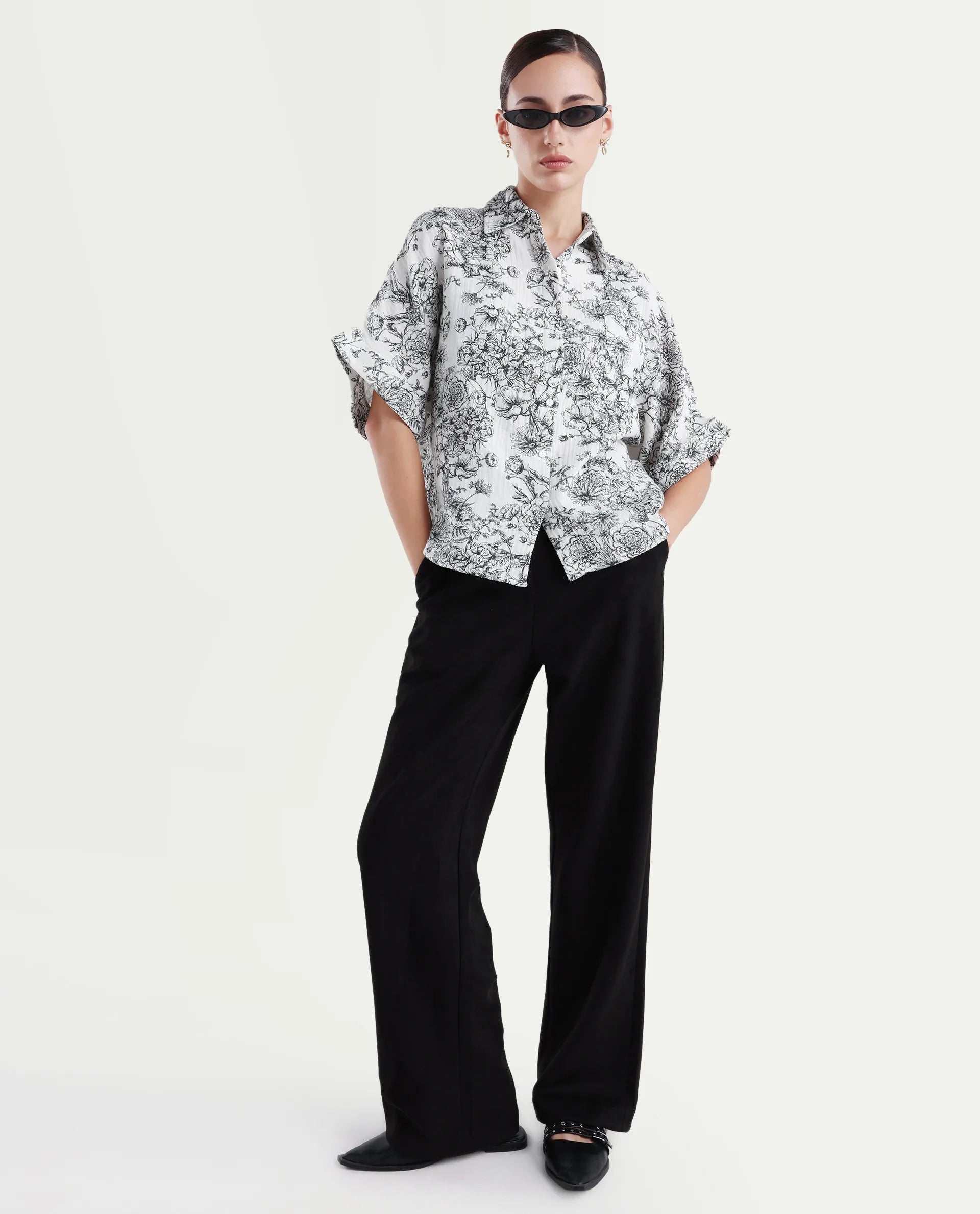 Rareism Women's Loraine Off White Cotton Drop Collar Floral Print Extended Sleeves Regular Fit Top