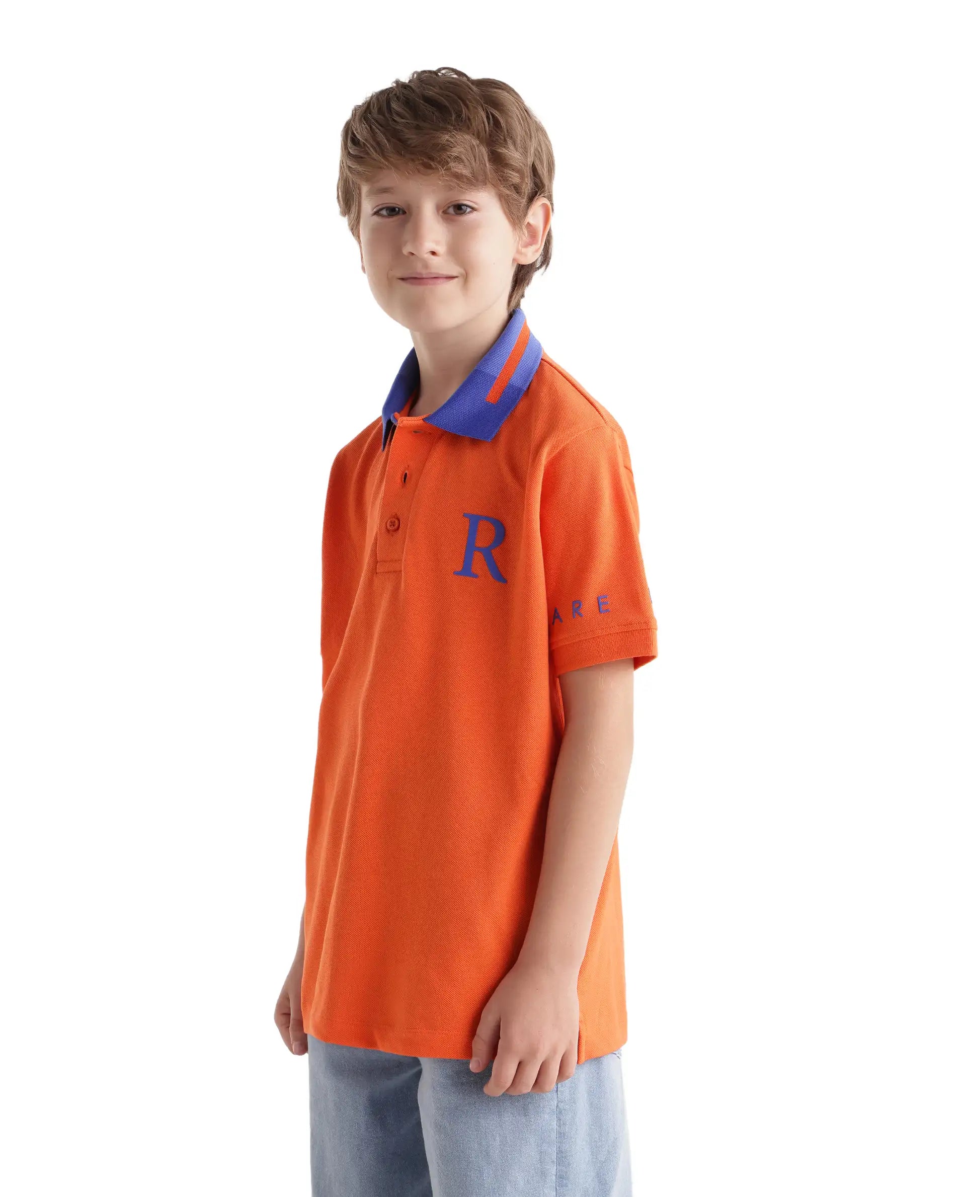Rare Ones Kids Lora Orange Cotton Blend Fabric Button Closure Regular Fit Graphic Print Polo