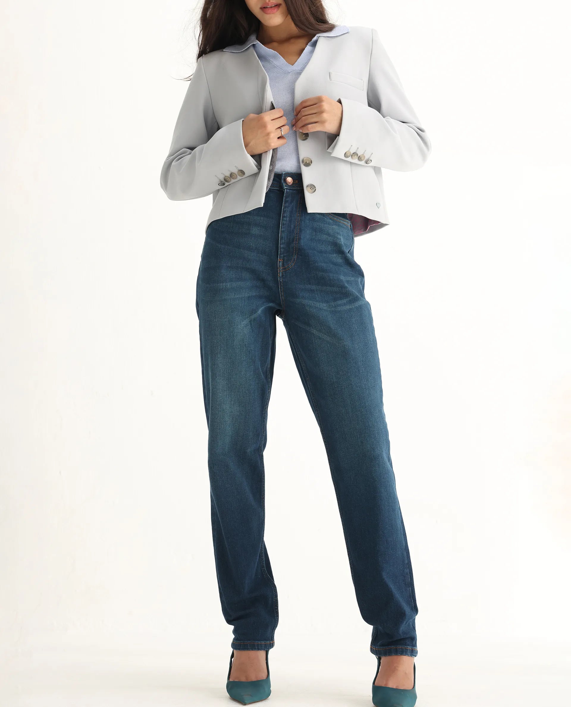 Rareism Women's Loreto Blue Cotton Blend Plain Ankle Length Mom Fit Jeans