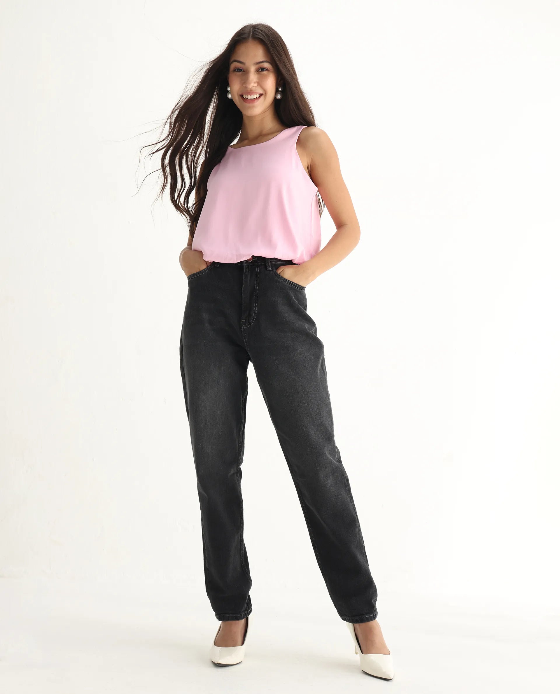 Rareism Women's Loreto Grey Cotton Blend Plain Ankle Length Mom Fit Jeans