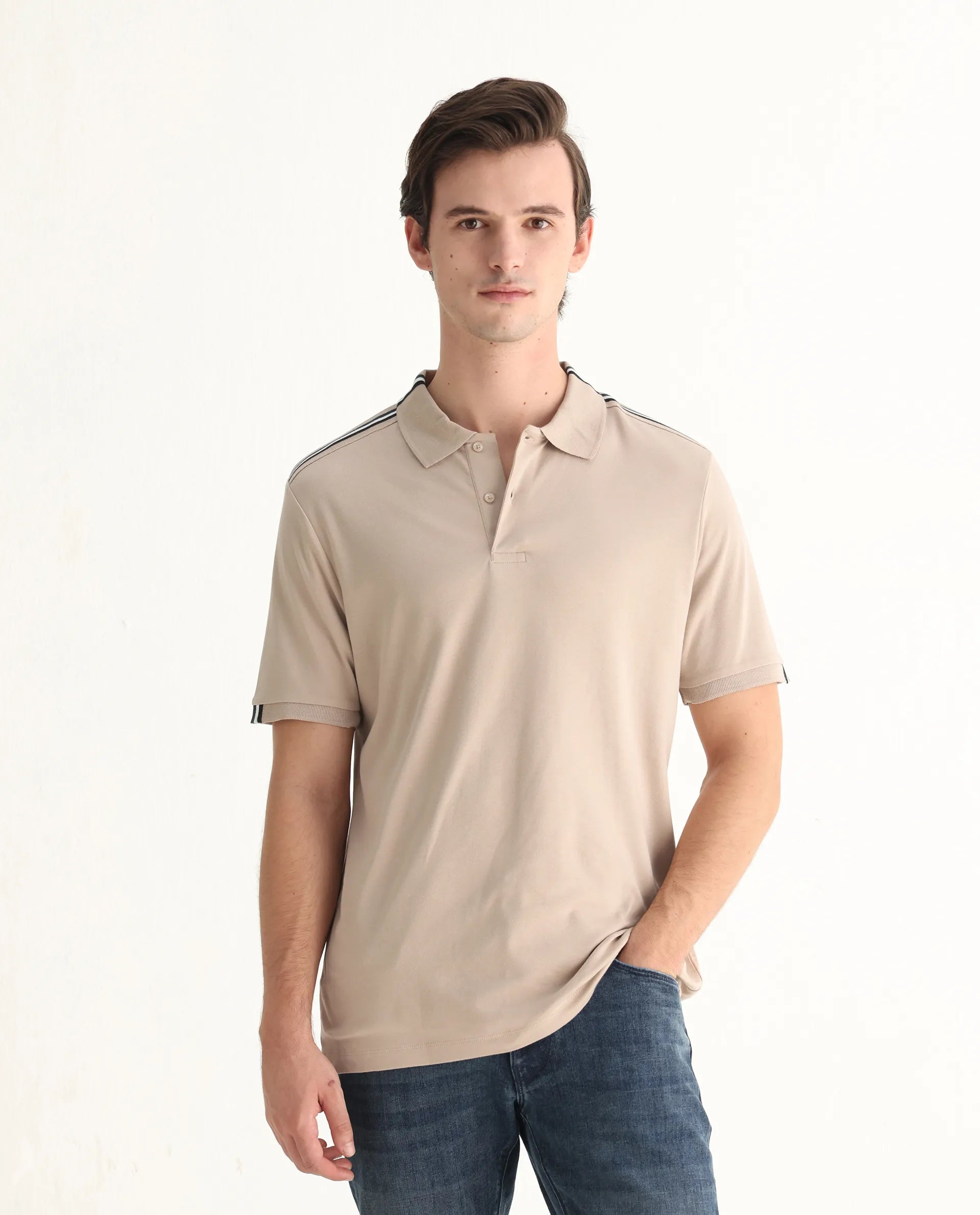 Rare Rabbit Men Loui Beige Cotton Fabric Striped Short Sleeve And Collar Neck Plain Polo