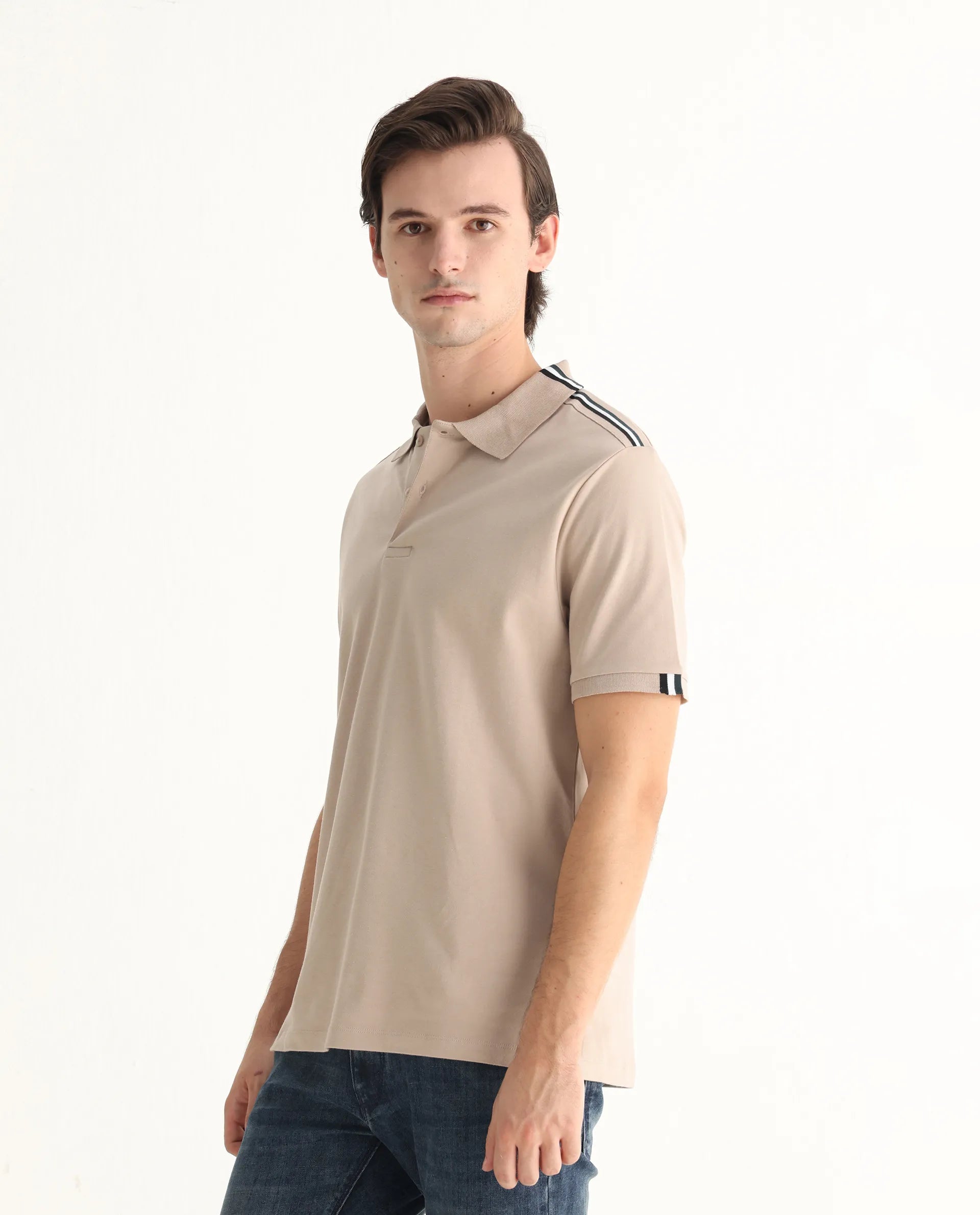 Rare Rabbit Men Loui Beige Cotton Fabric Striped Short Sleeve And Collar Neck Plain Polo