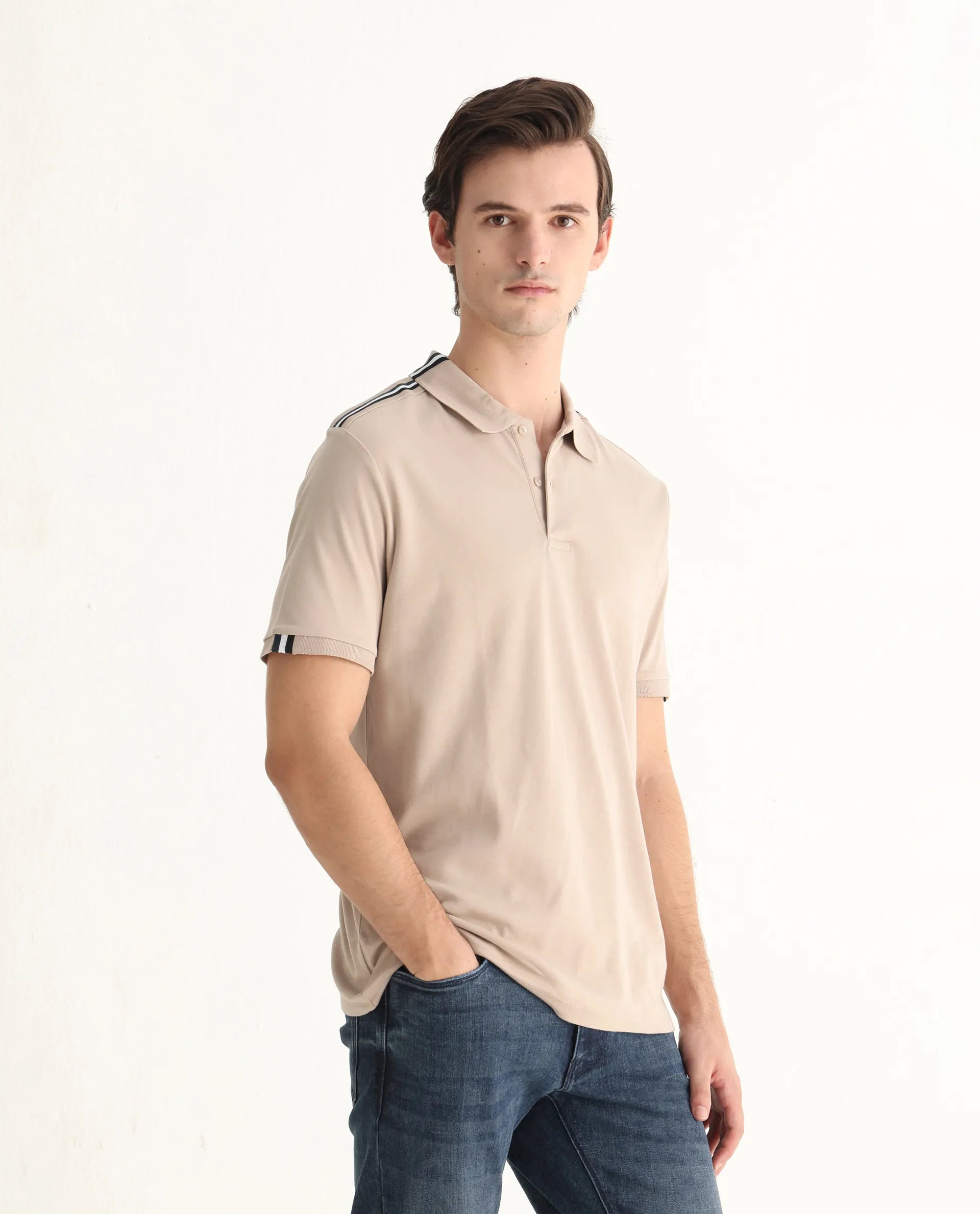 Rare Rabbit Men Loui Beige Cotton Fabric Striped Short Sleeve And Collar Neck Plain Polo