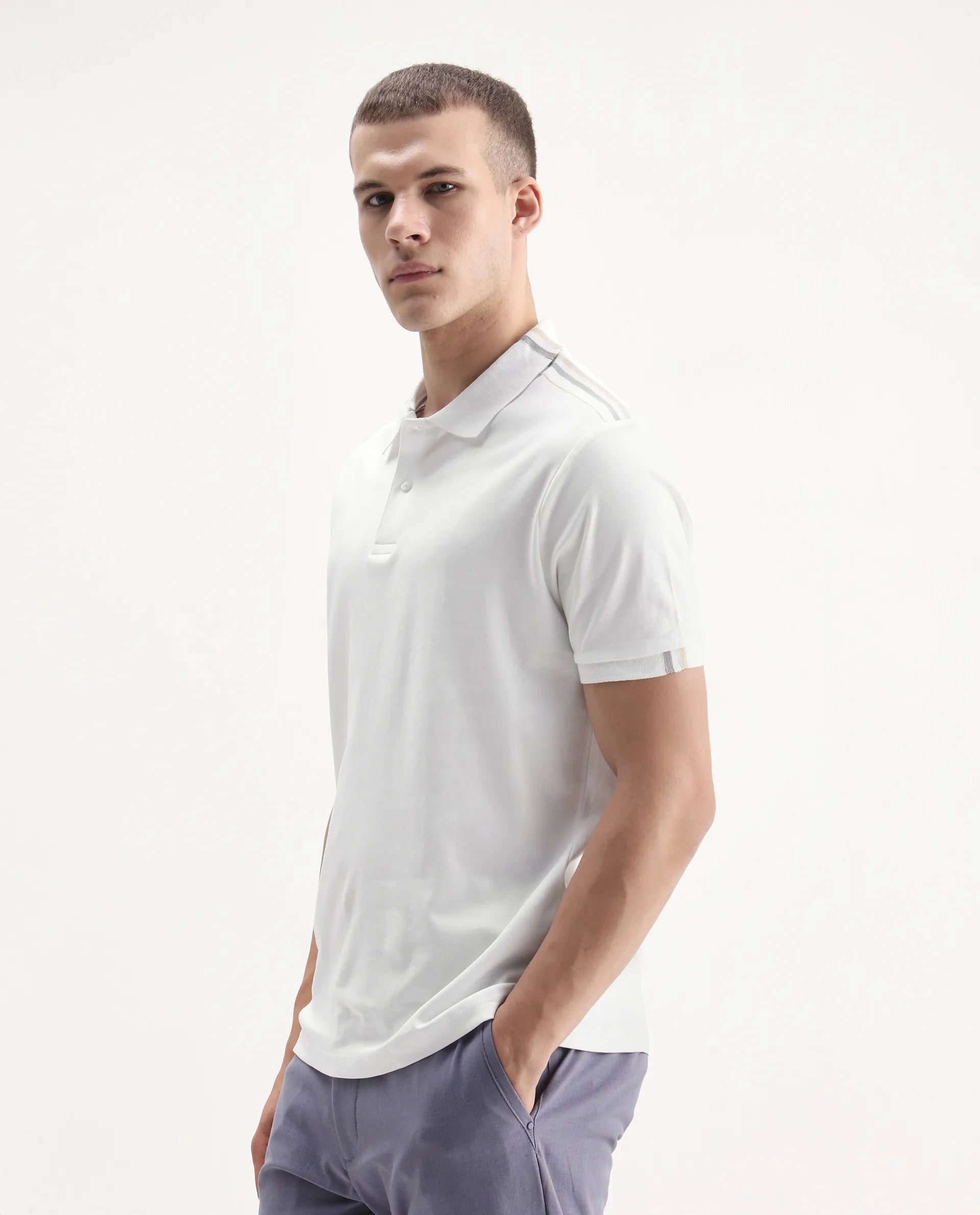 Rare Rabbit Men Loui Off White Cotton Fabric Striped Short Sleeve And Collar Neck Plain Polo