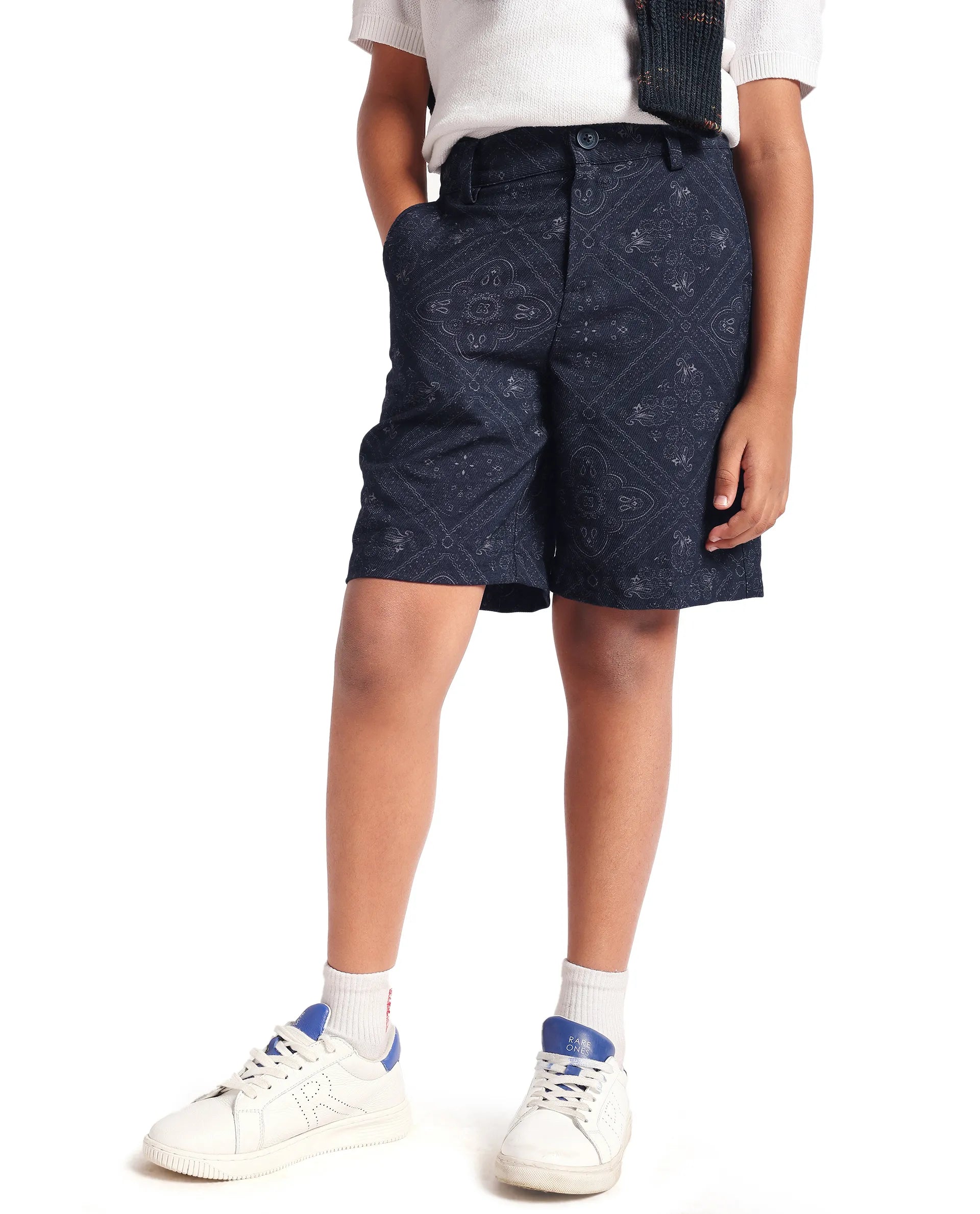Rare Ones Kids Loui Navy Viscose Fabric Regular Fit Digital Print Shorts