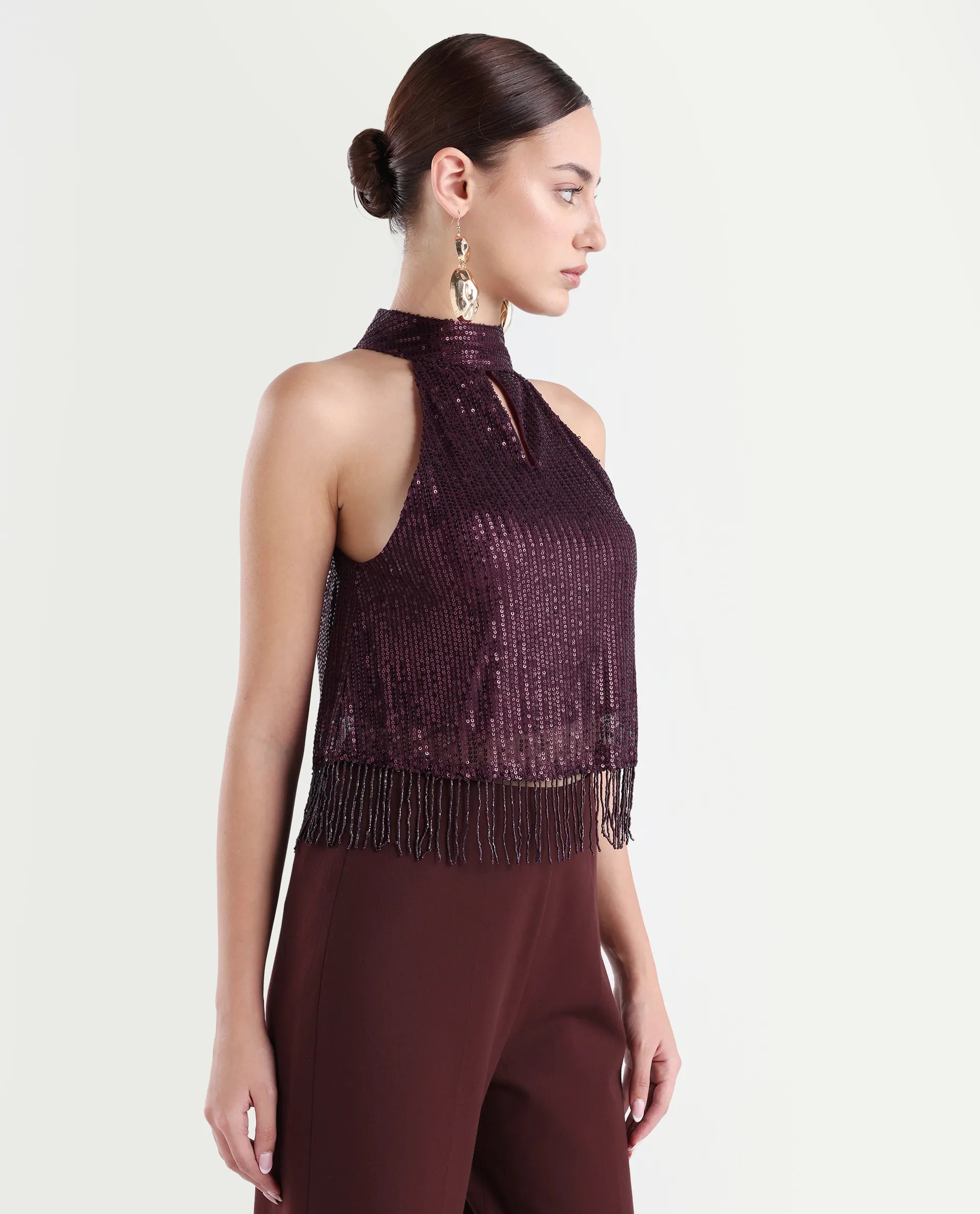 Rareism Women's Lovia Maroon Nylon Halter Neck Sequined Sleeveless Regular Fit Top