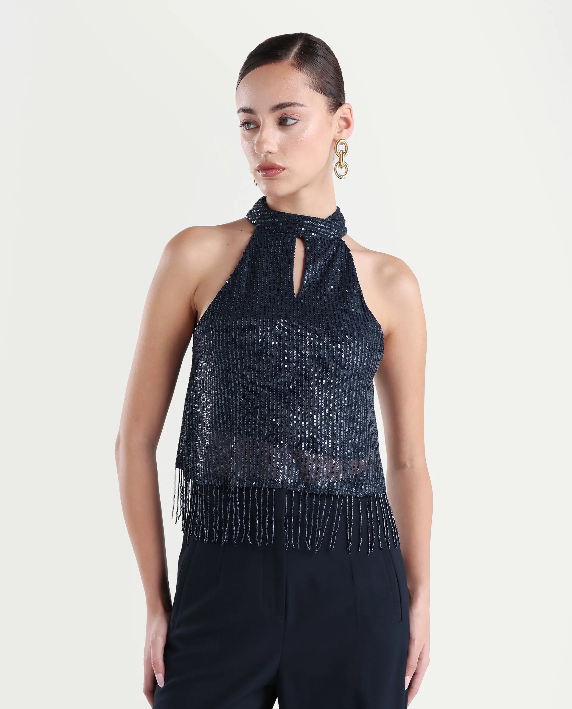 Rareism Women's Lovia Black Nylon Halter Neck Sequined Sleeveless Regular Fit Top