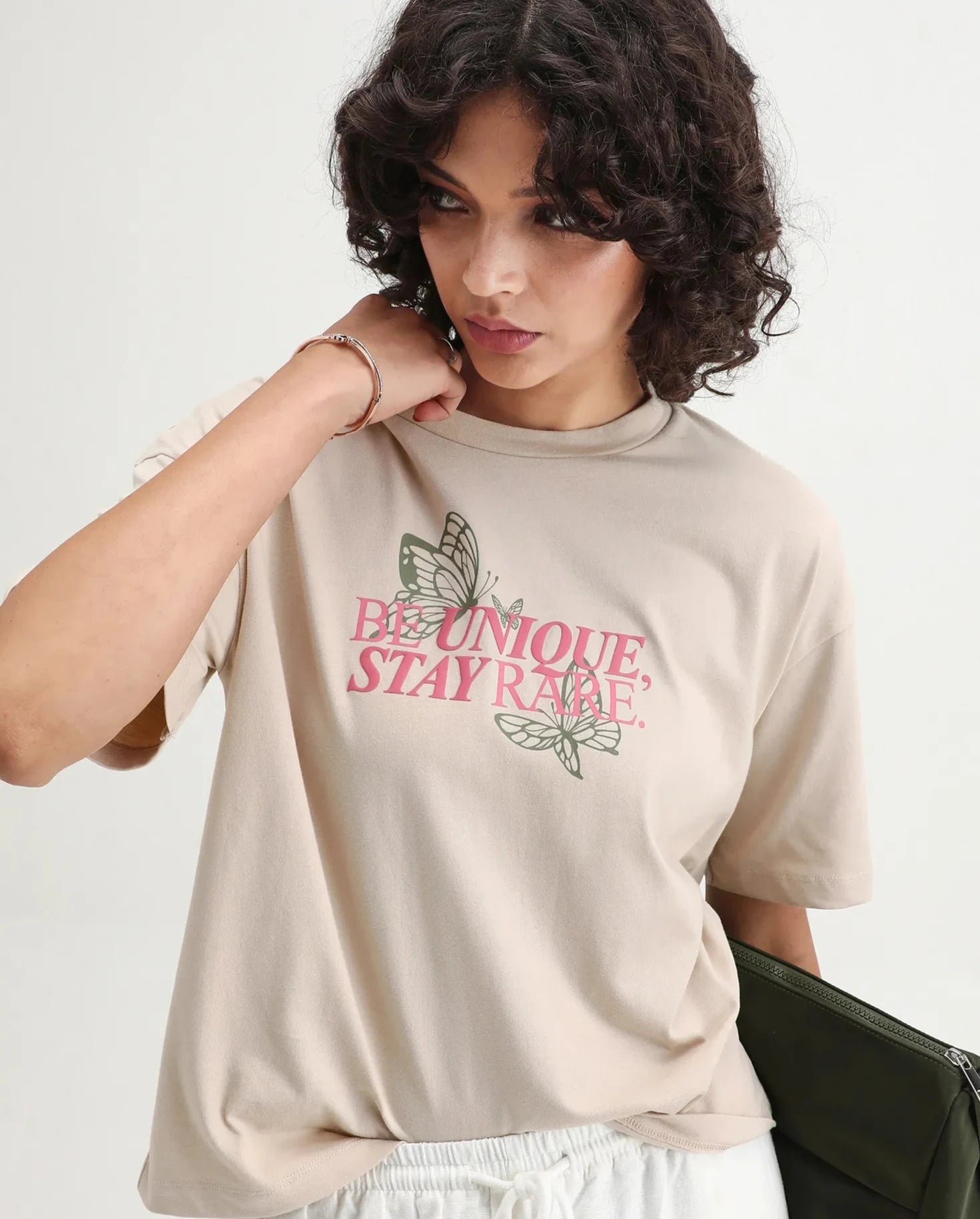 Rareism Women's Lowe Beige Cotton Blend Crew Neck Graphic Print Regular Fit T-Shirt