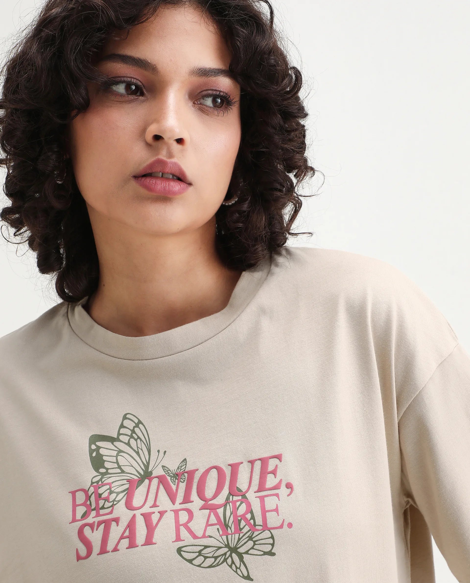 Rareism Women's Lowe Beige Cotton Blend Crew Neck Graphic Print Regular Fit T-Shirt