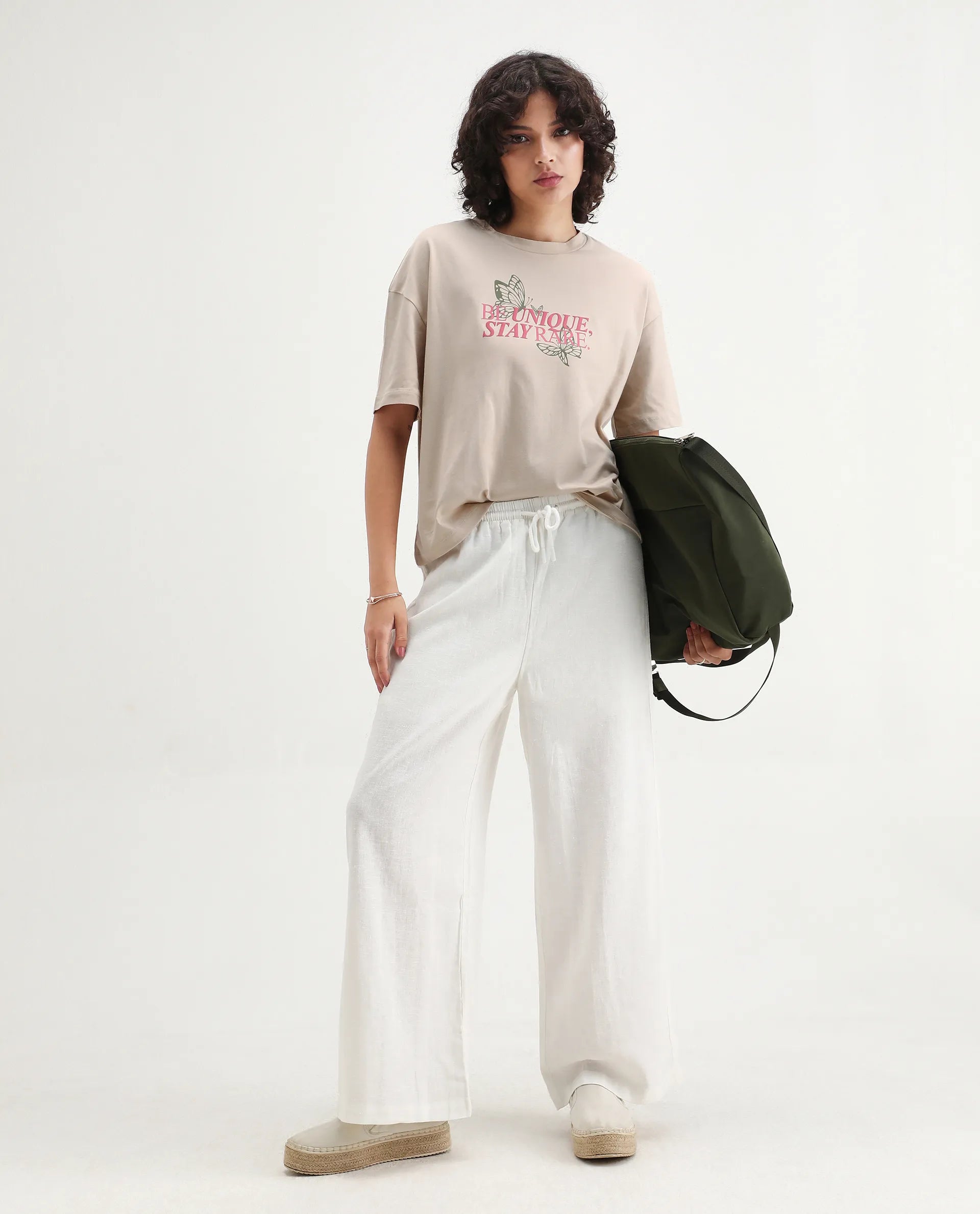 Rareism Women's Lowe Beige Cotton Blend Crew Neck Graphic Print Regular Fit T-Shirt