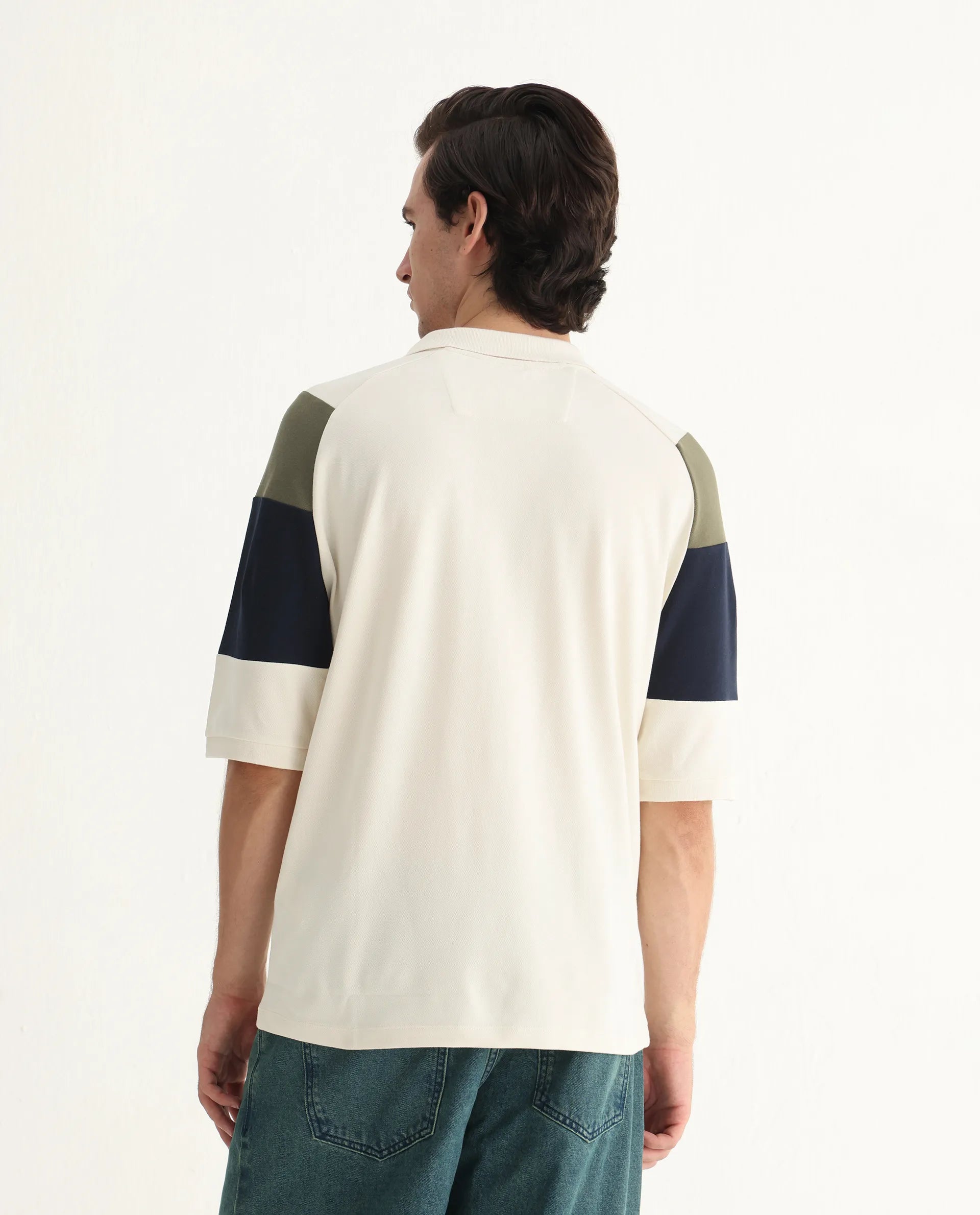 Rare Rabbit Men's Lucid Off White Cotton Blend Cut And Sew Relaxed Fit Half Sleeve Polo