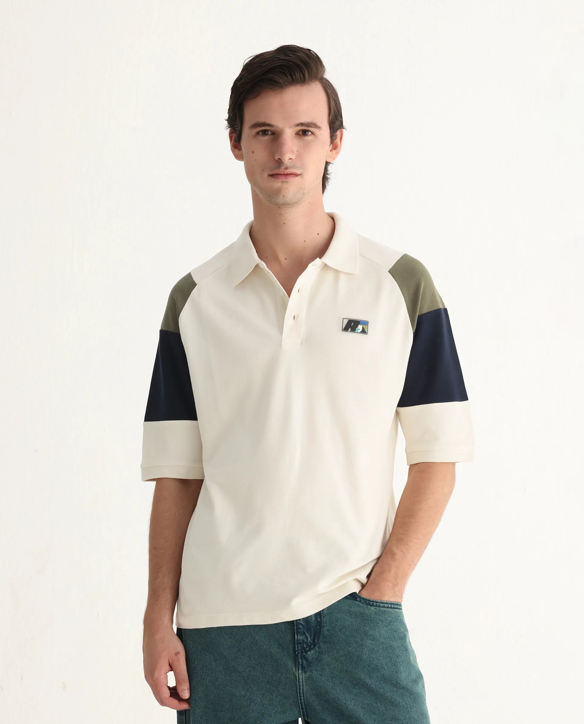 Rare Rabbit Men's Lucid Off White Cotton Blend Cut And Sew Relaxed Fit Half Sleeve Polo