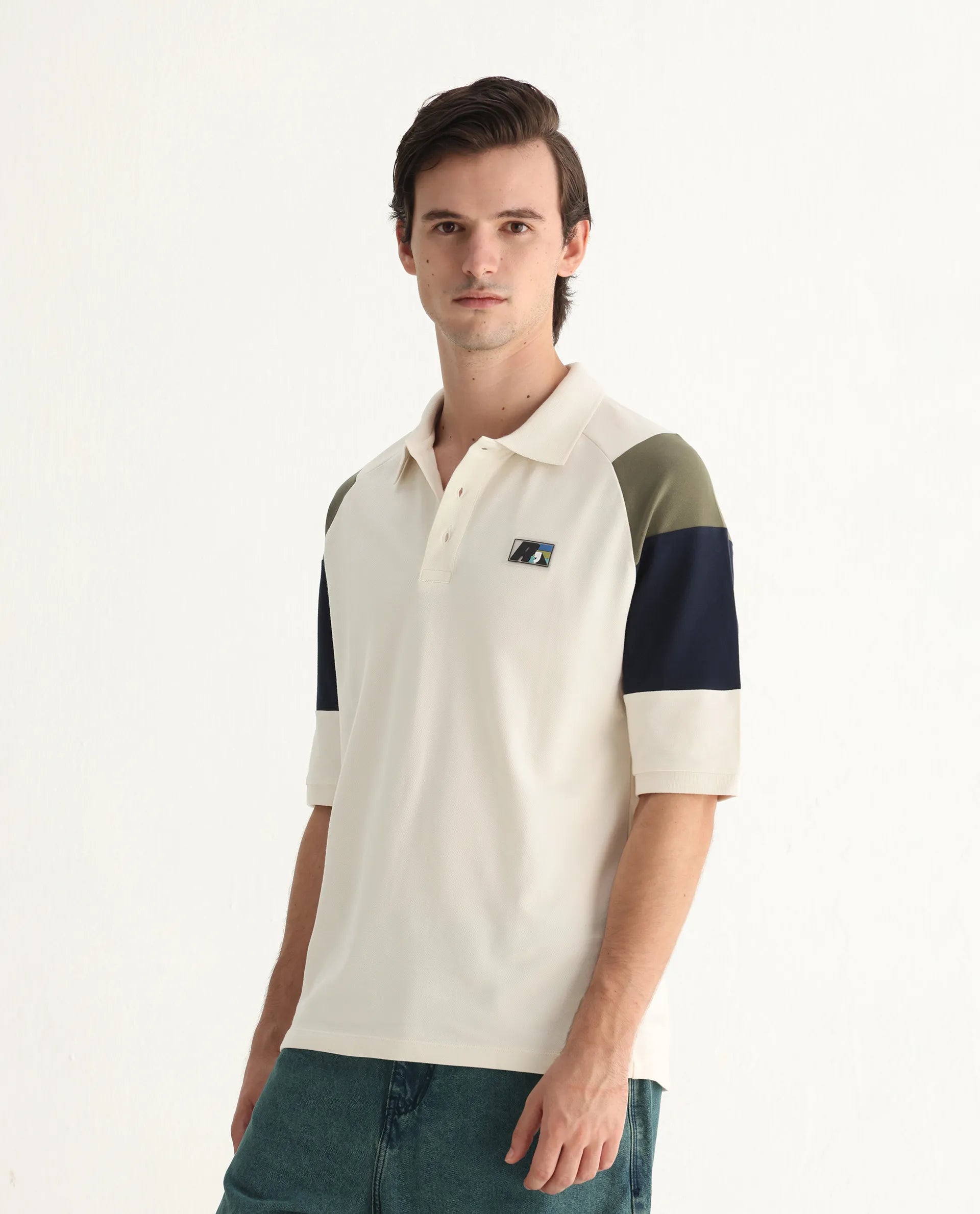 Rare Rabbit Men's Lucid Off White Cotton Blend Cut And Sew Relaxed Fit Half Sleeve Polo