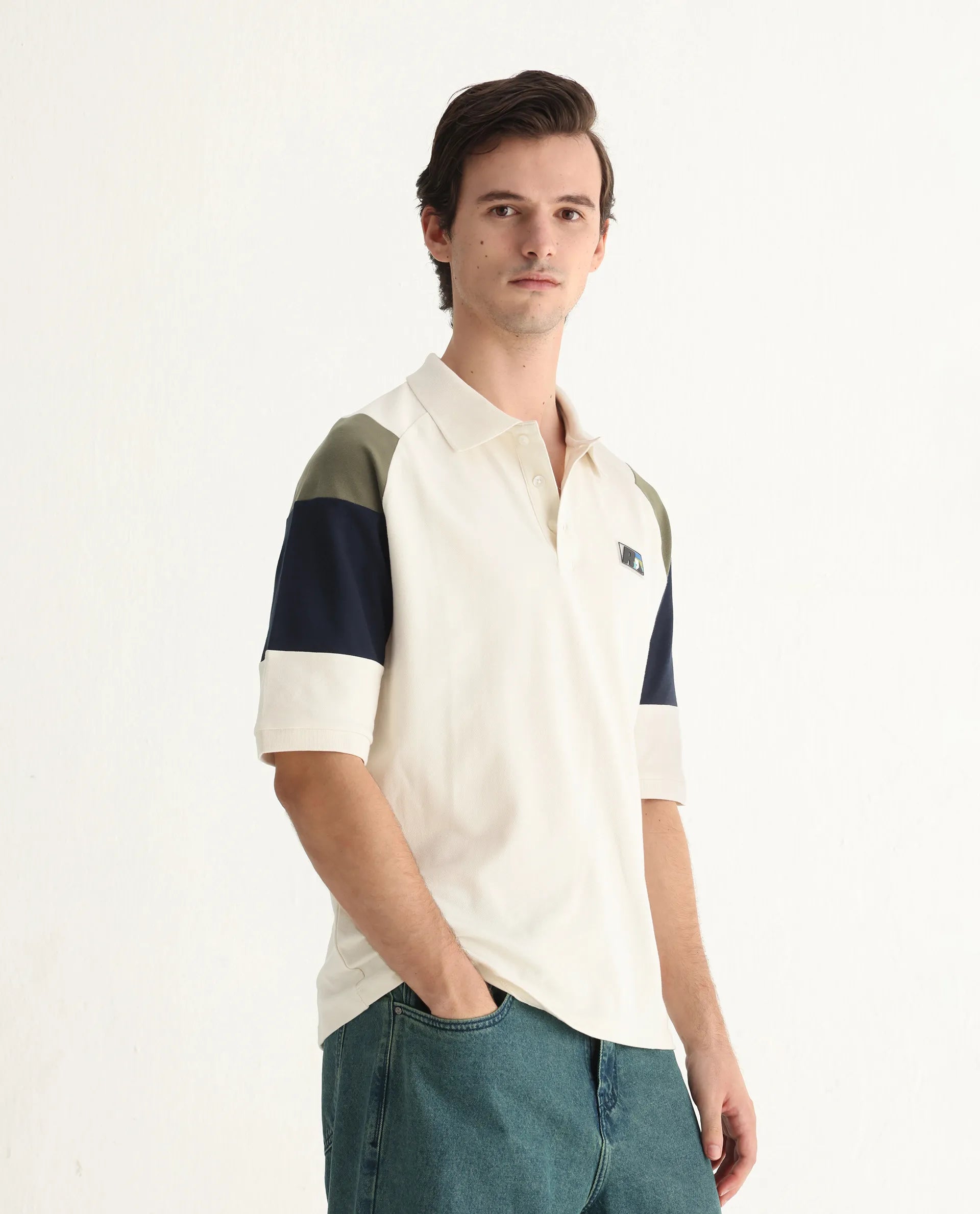 Rare Rabbit Men's Lucid Off White Cotton Blend Cut And Sew Relaxed Fit Half Sleeve Polo